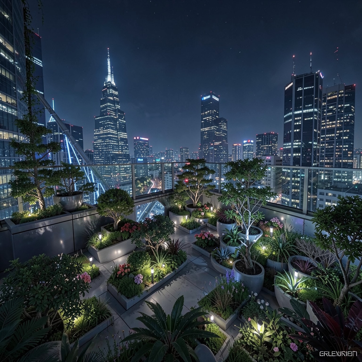 Futuristic Tokyo rooftop garden at night