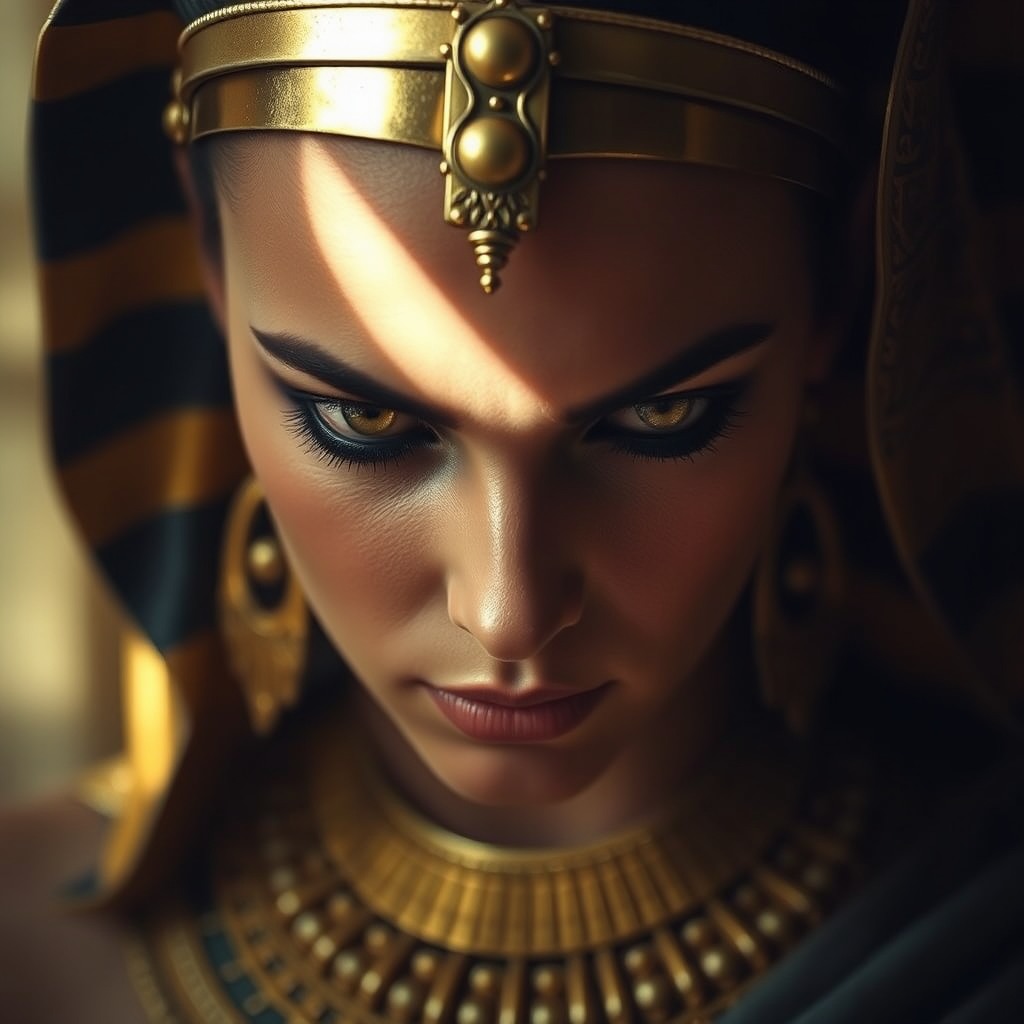 ancient egyptian queen portrait, gold jewelry, dramatic soft light