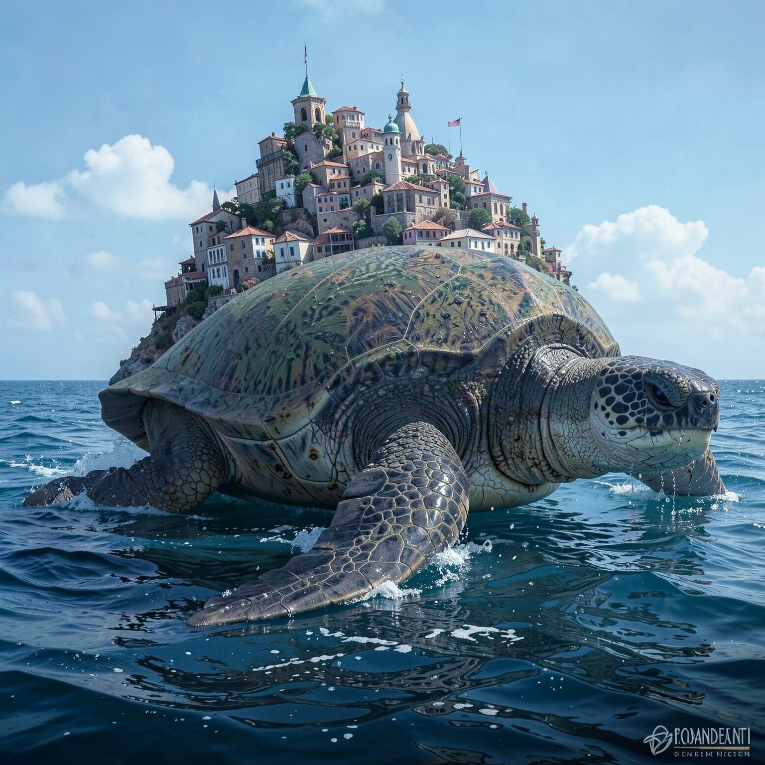 giant ancient turtle carrying a city on its back in the ocean