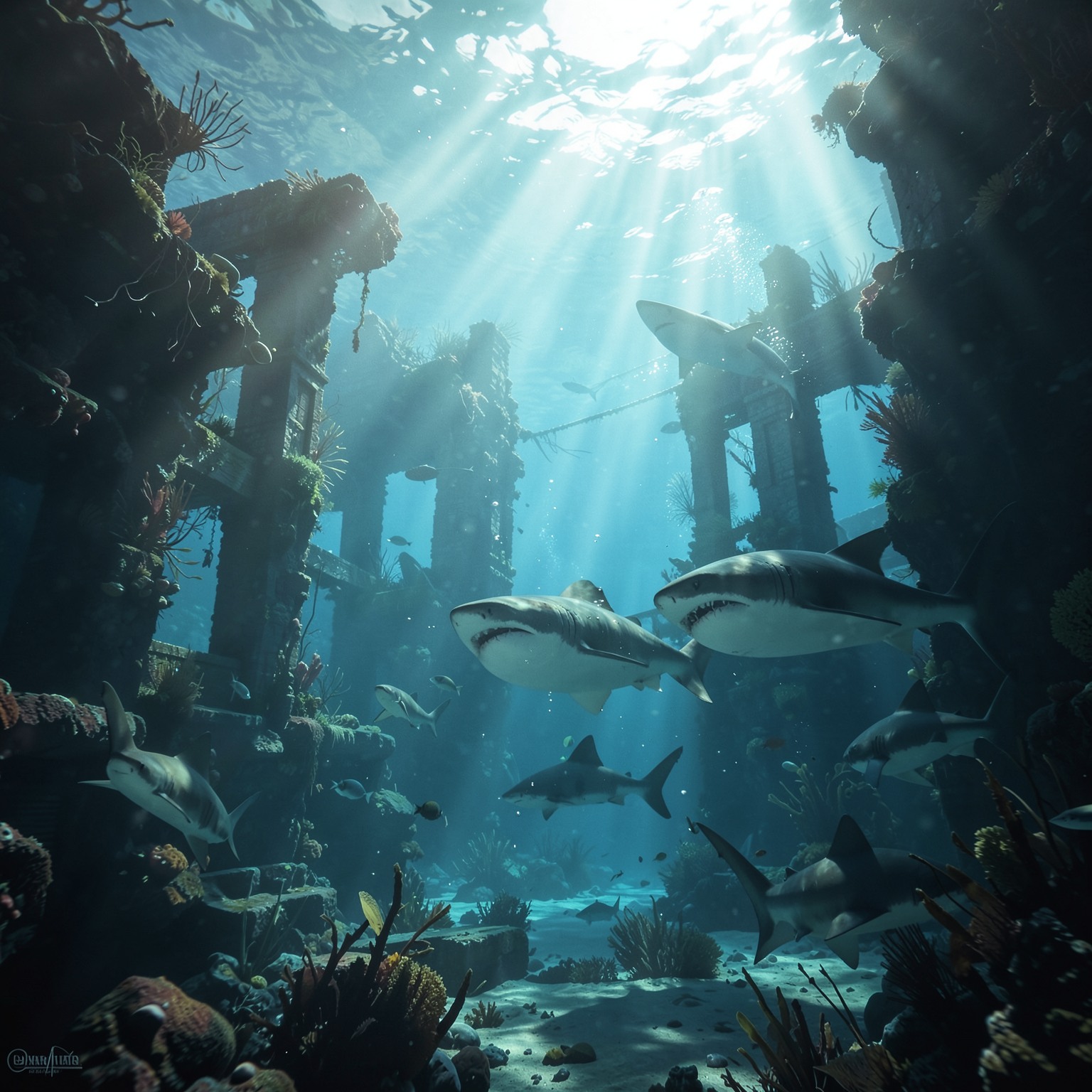 cinematic underwater ruins with sharks and sunlight rays