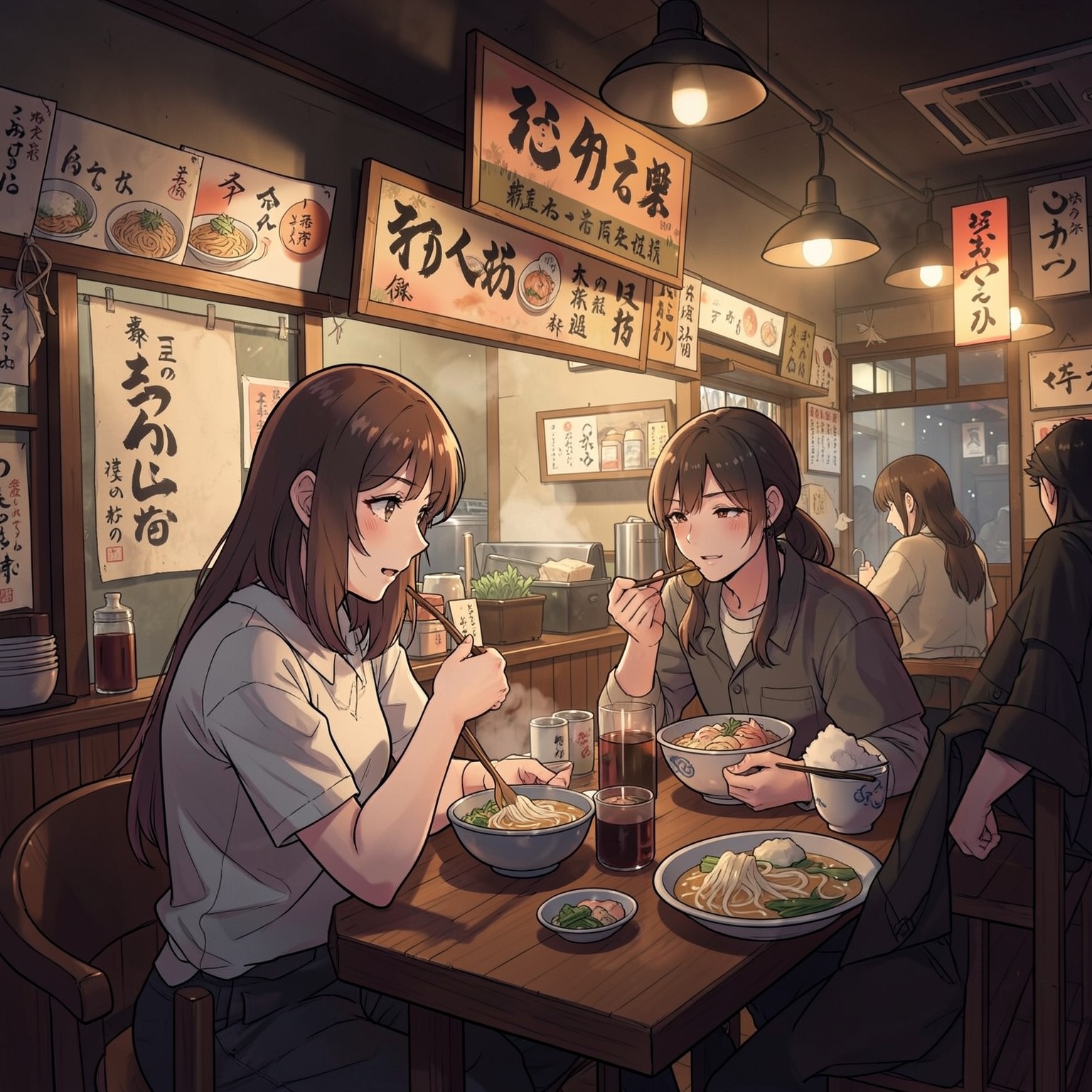 anime ramen shop at night, warm cozy atmosphere