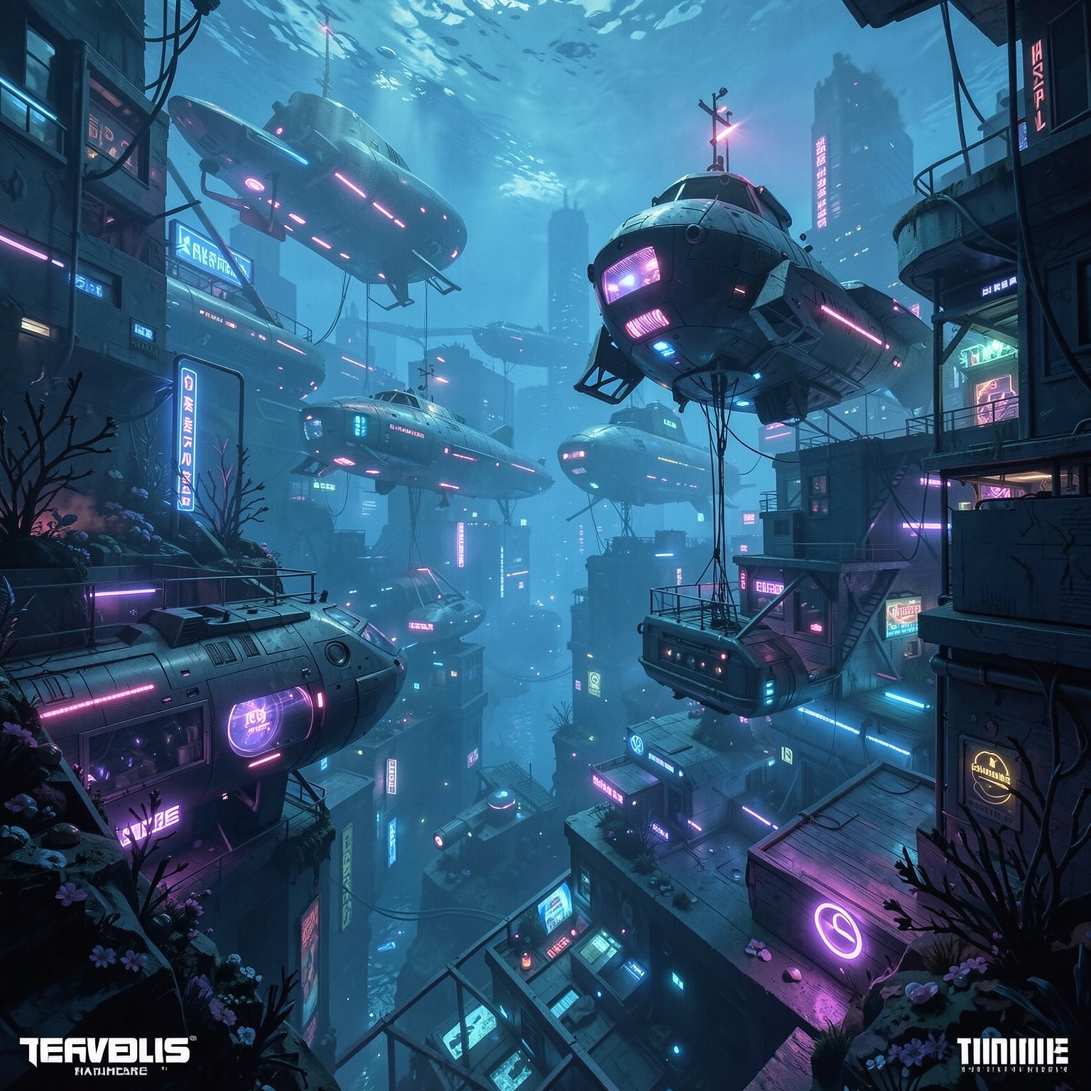 underwater cyberpunk city with neon submarines