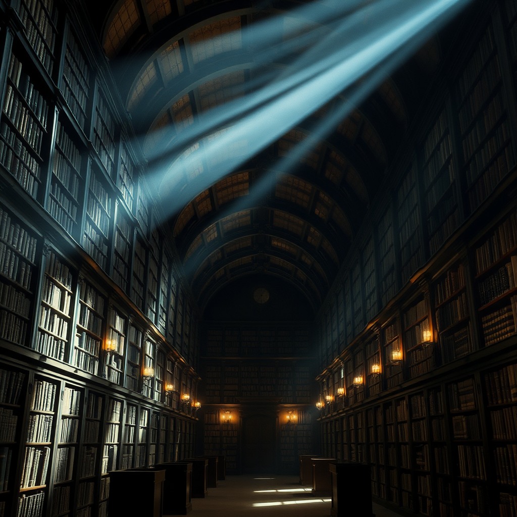 ancient library interior, dusty light beams, cinematic atmosphere