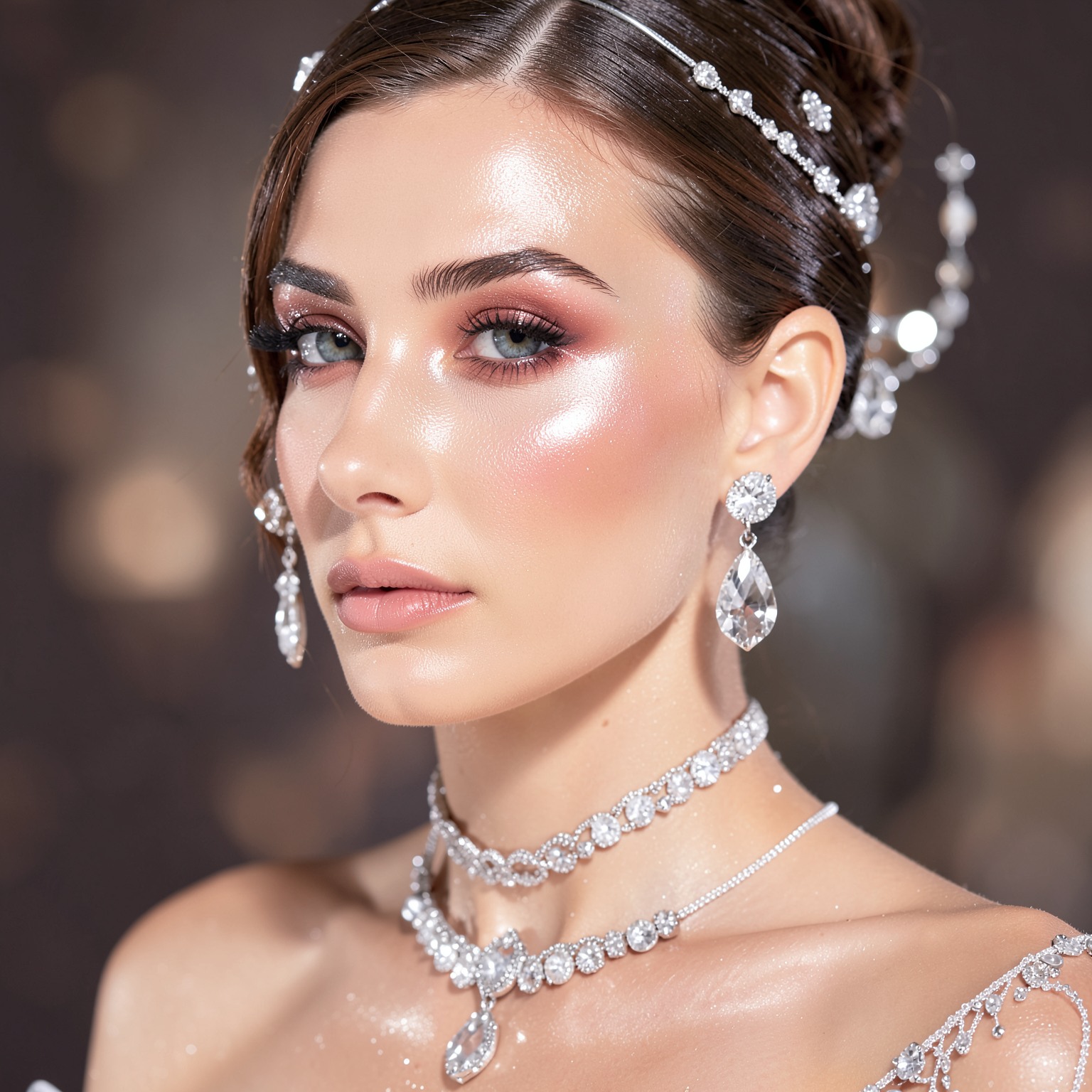 Beauty portrait with glowing skin and silver jewelry, luxury cosmetic advertisement style