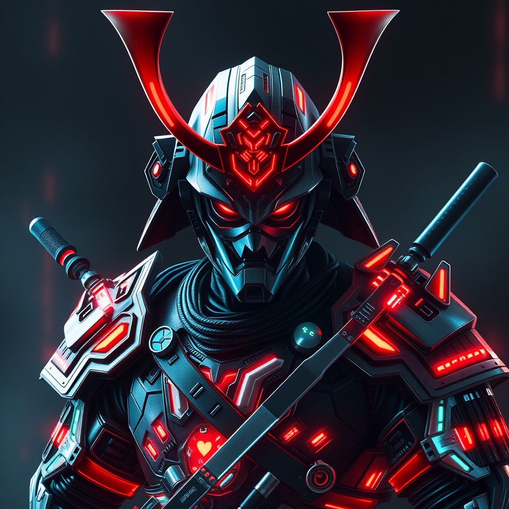 futuristic samurai with neon armor, cyberpunk aesthetic, ultra detailed, dramatic lighting