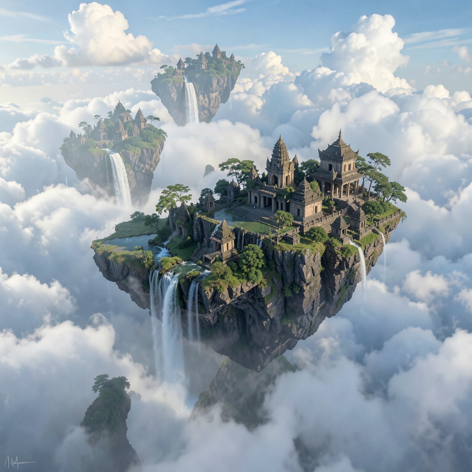 floating islands above clouds with waterfalls and ancient temples