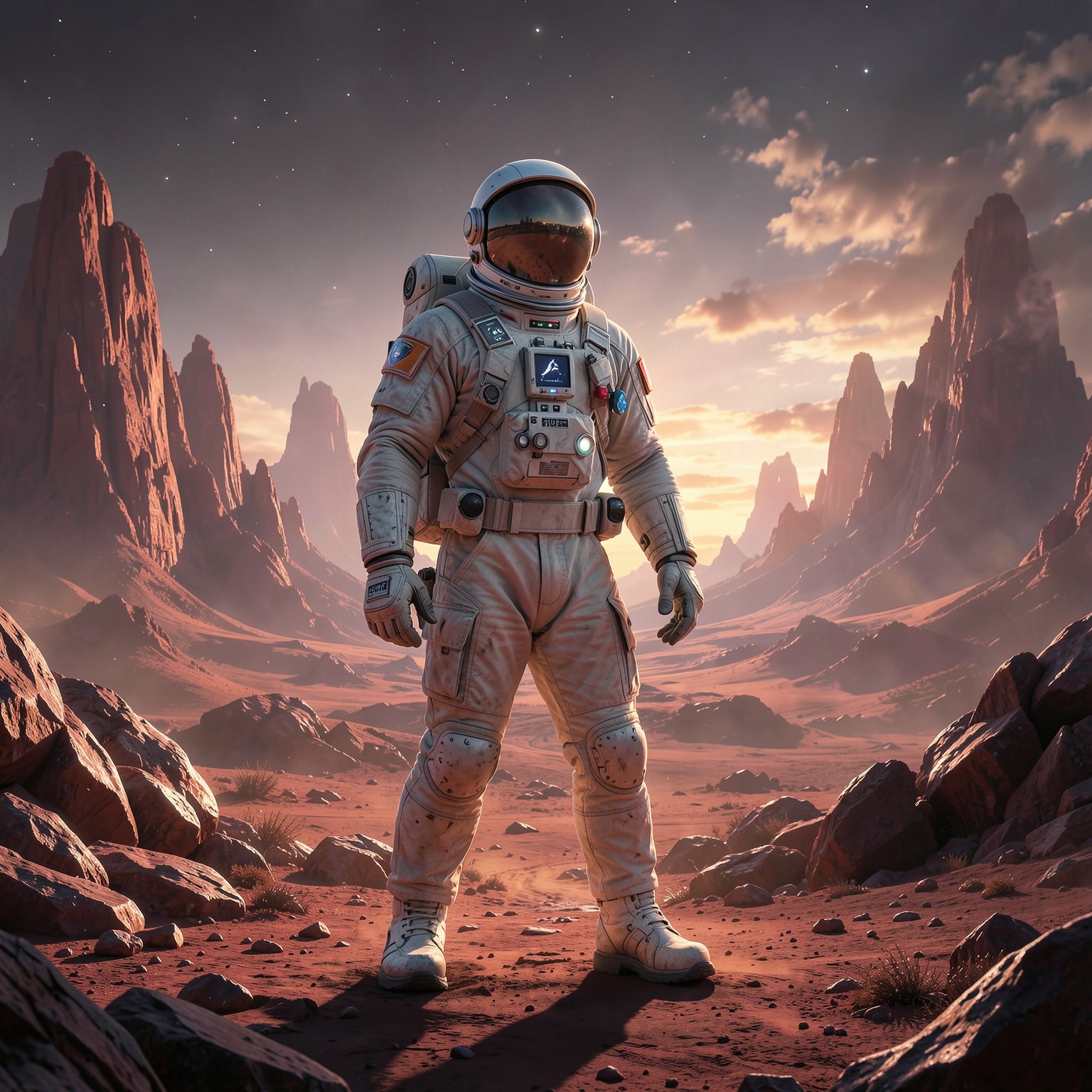 Ultra detailed astronaut standing on alien planet, epic sci-fi landscape