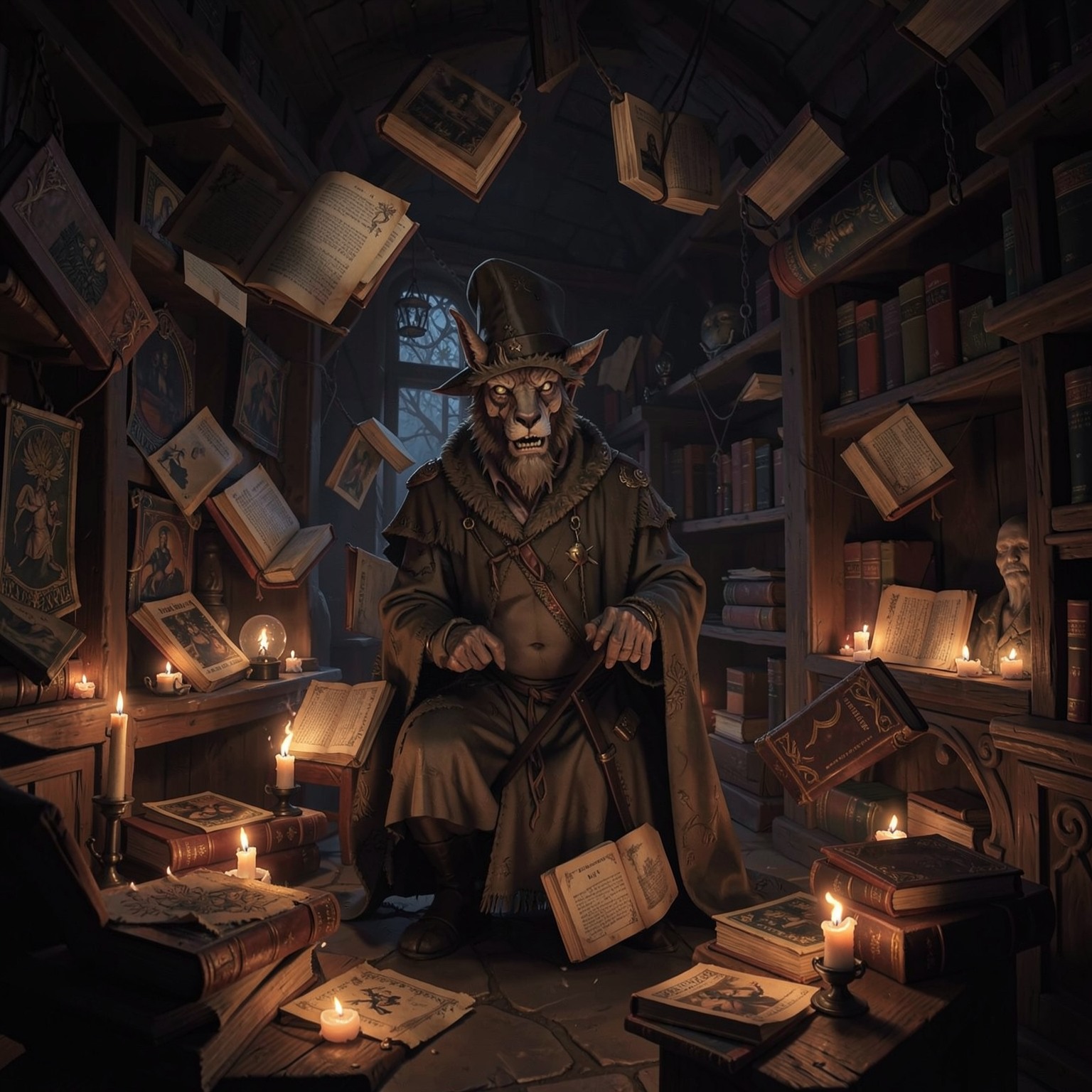 wizard library with floating books and candles
