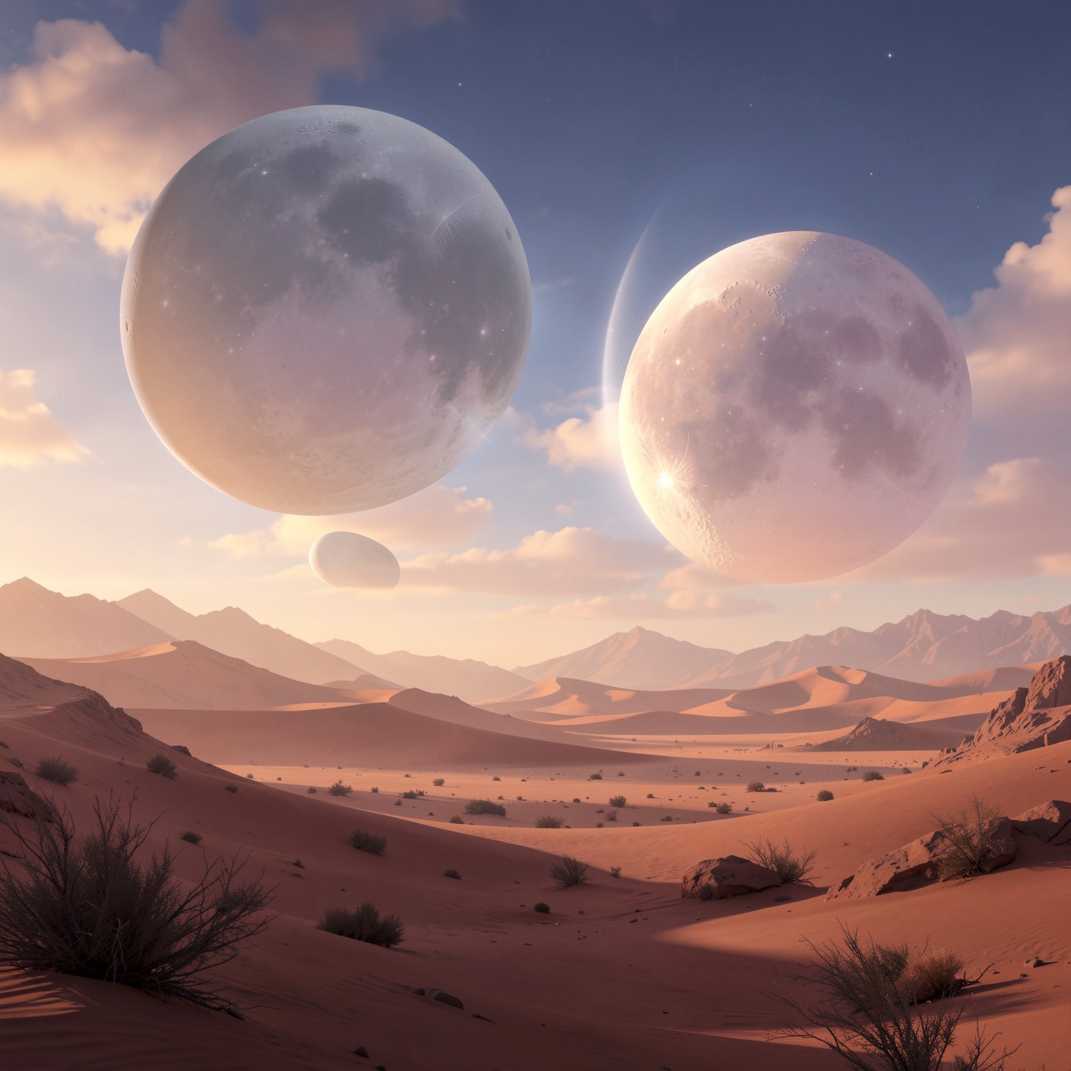 dreamlike surreal desert with giant floating moons