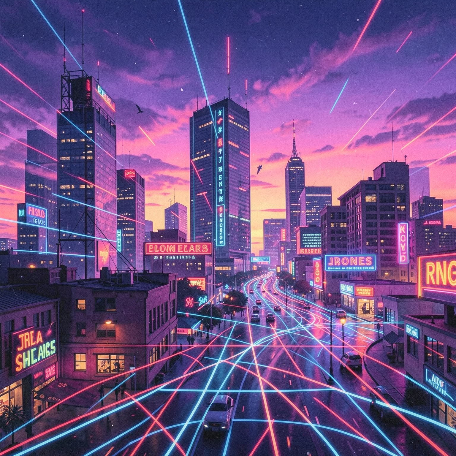 retro 1980s synthwave city at sunset with neon grid