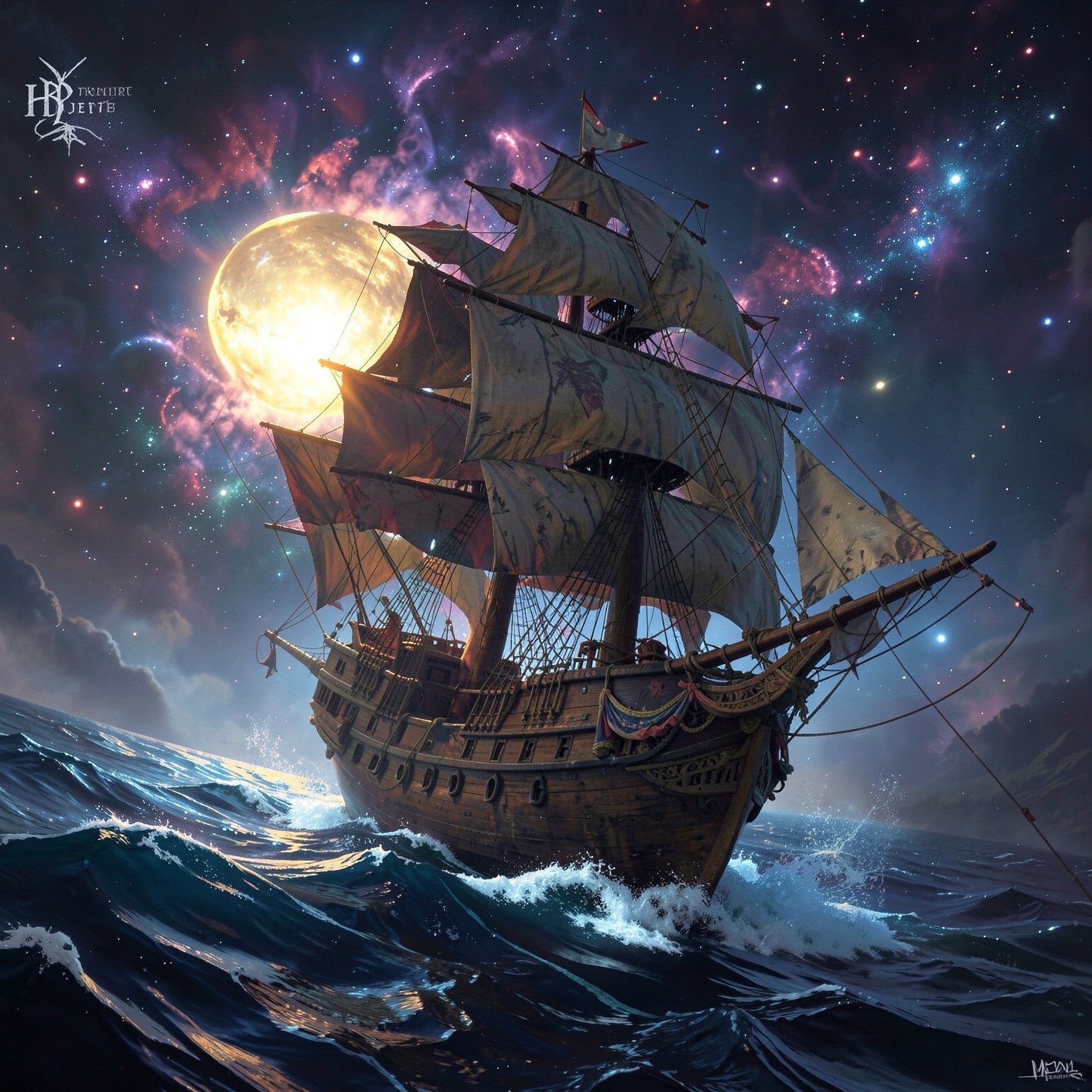 Pirate ship sailing through space nebula, surreal fantasy