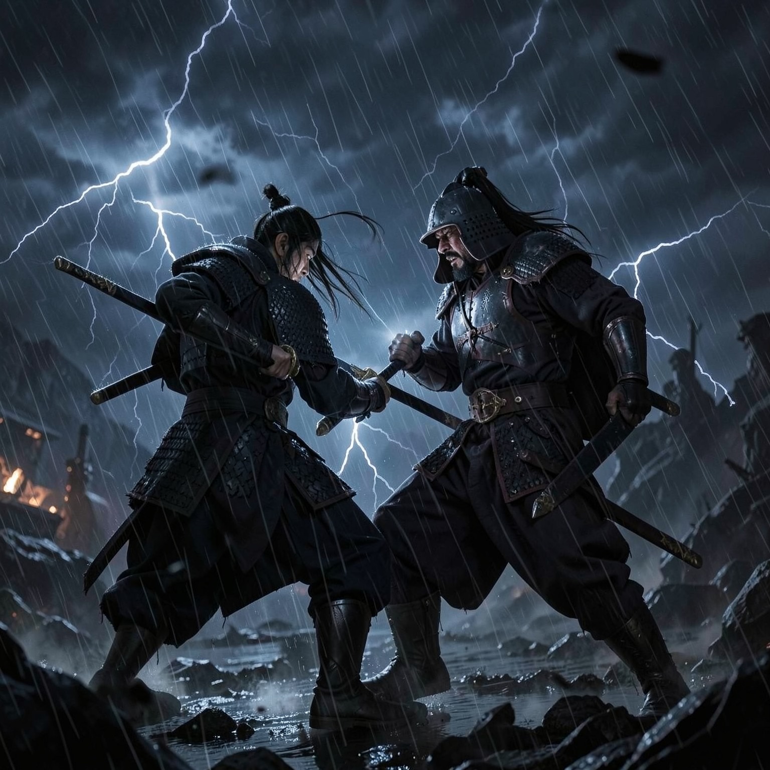 samurai duel during thunderstorm at night