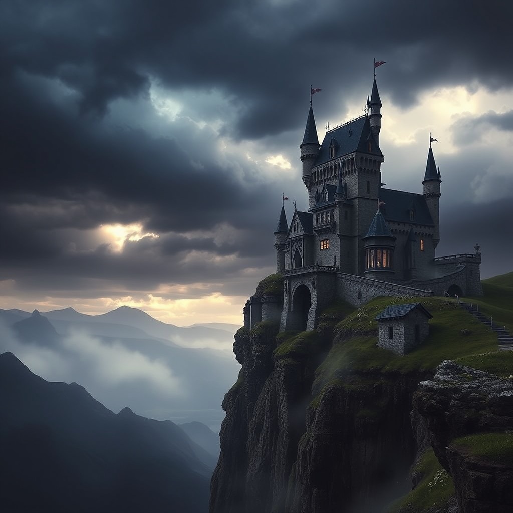 dark fantasy castle on a cliff, stormy sky, epic mood, cinematic lighting