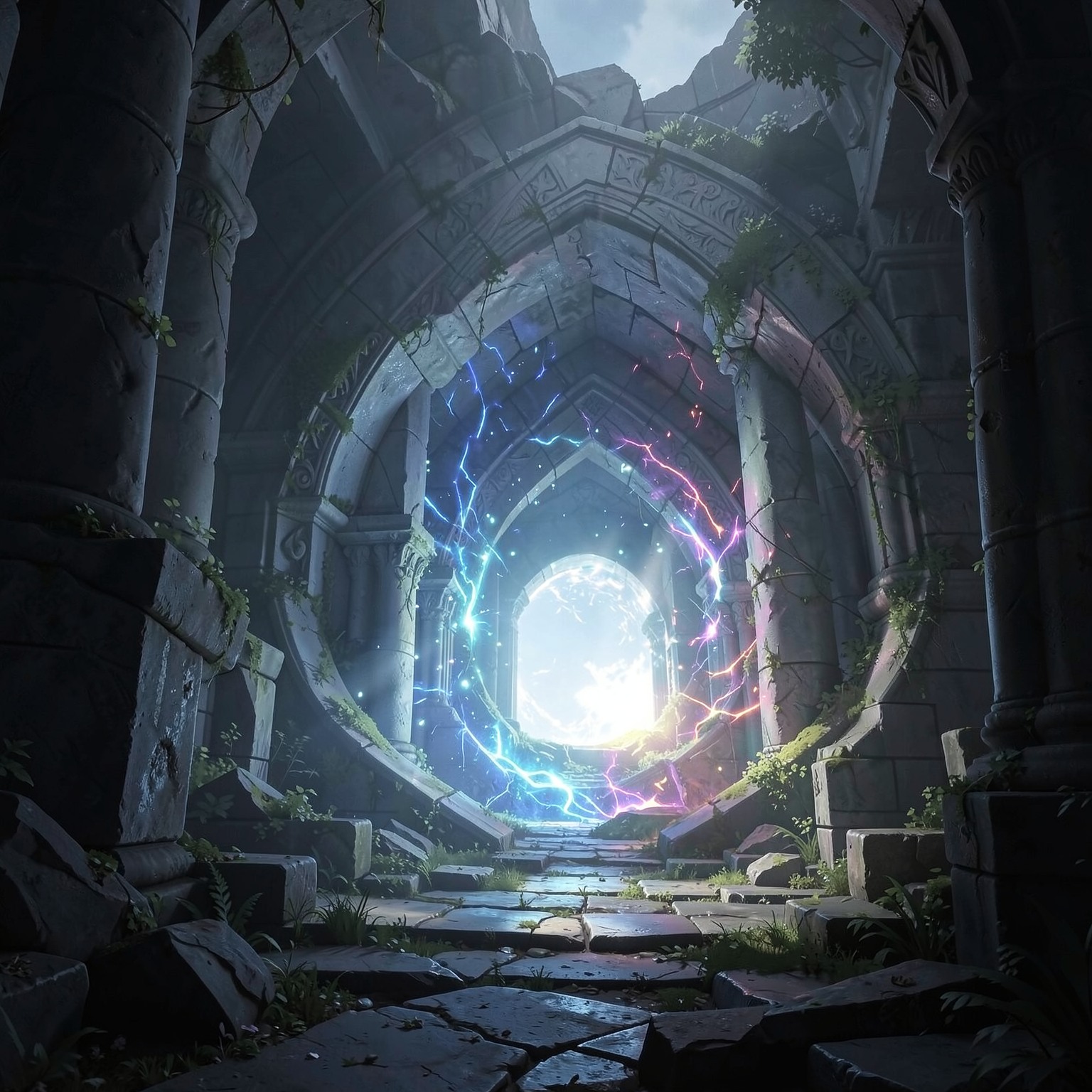 fantasy portal opening inside ancient ruins