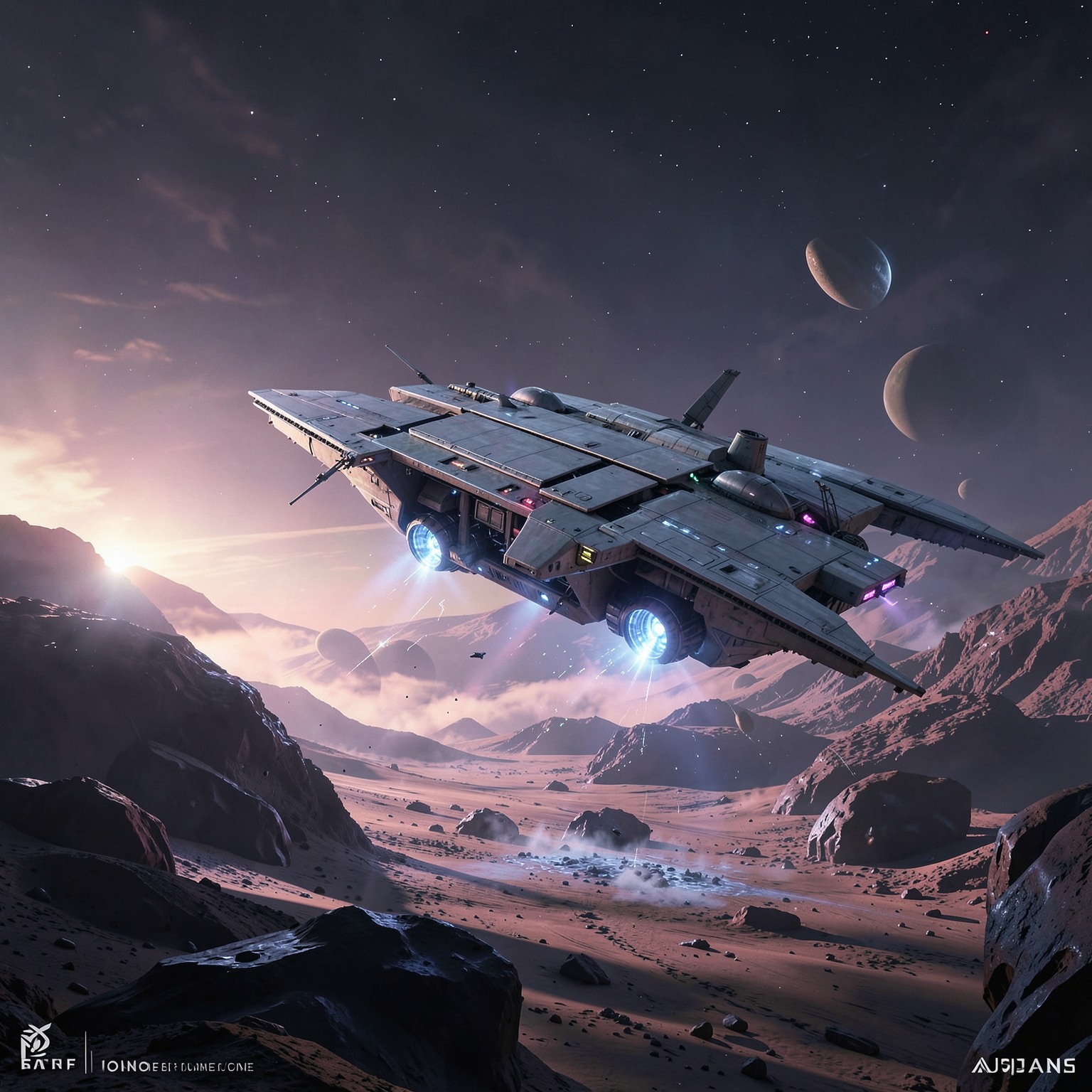 Futuristic spaceship landing on alien planet