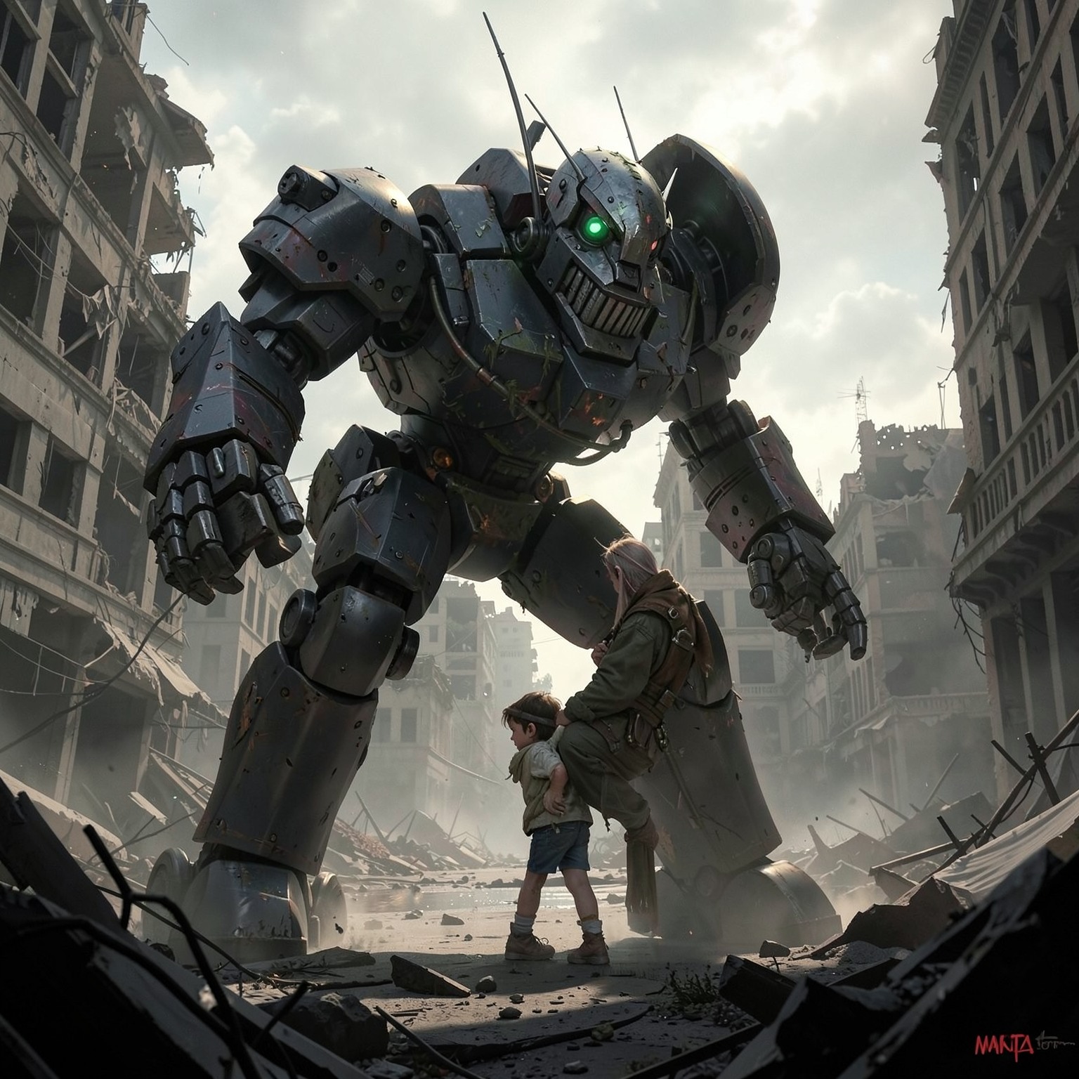 giant robot protecting a small child in ruined city, emotional cinematic scene