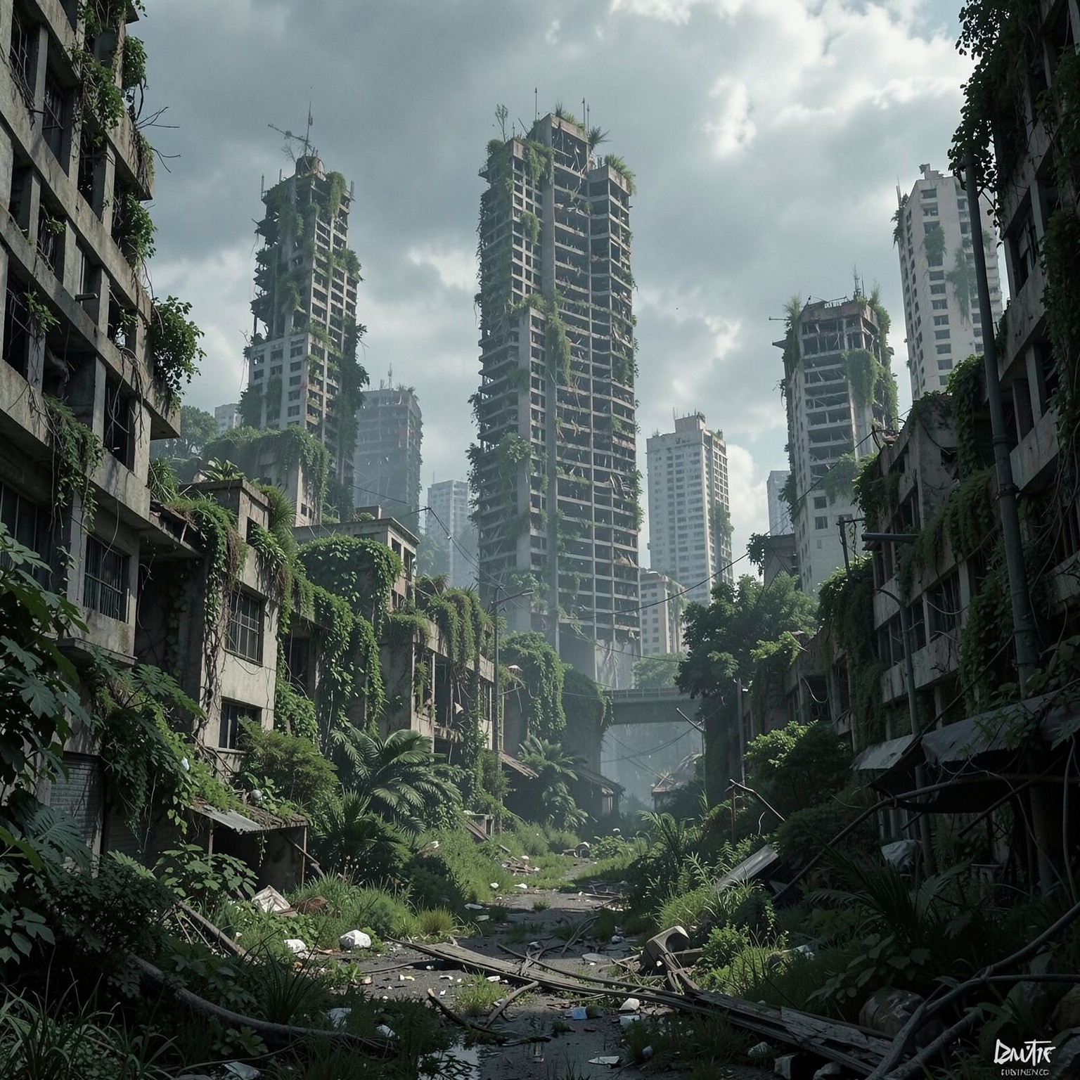 post-apocalyptic city with overgrown vegetation and destroyed skyscrapers