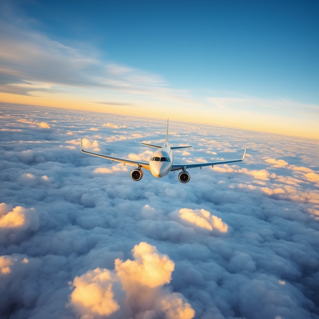 realistic airplane flying above clouds, golden hour light