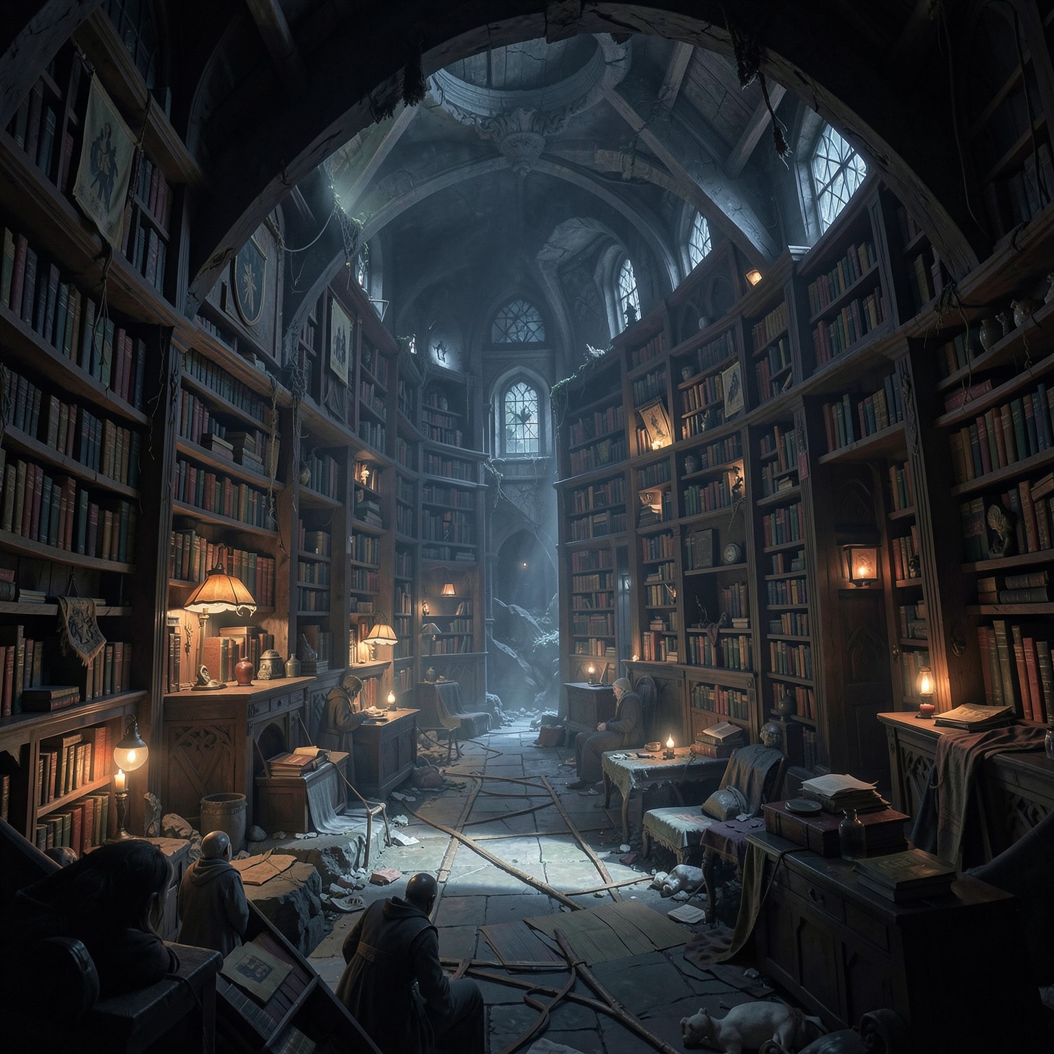 Massive library inside underground fantasy kingdom