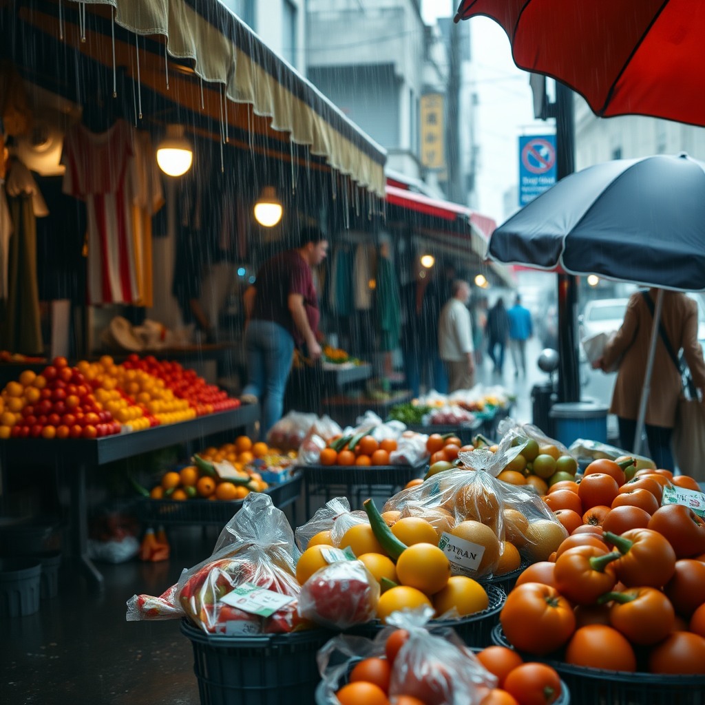 rainy market scene with fruits, cinematic street mood