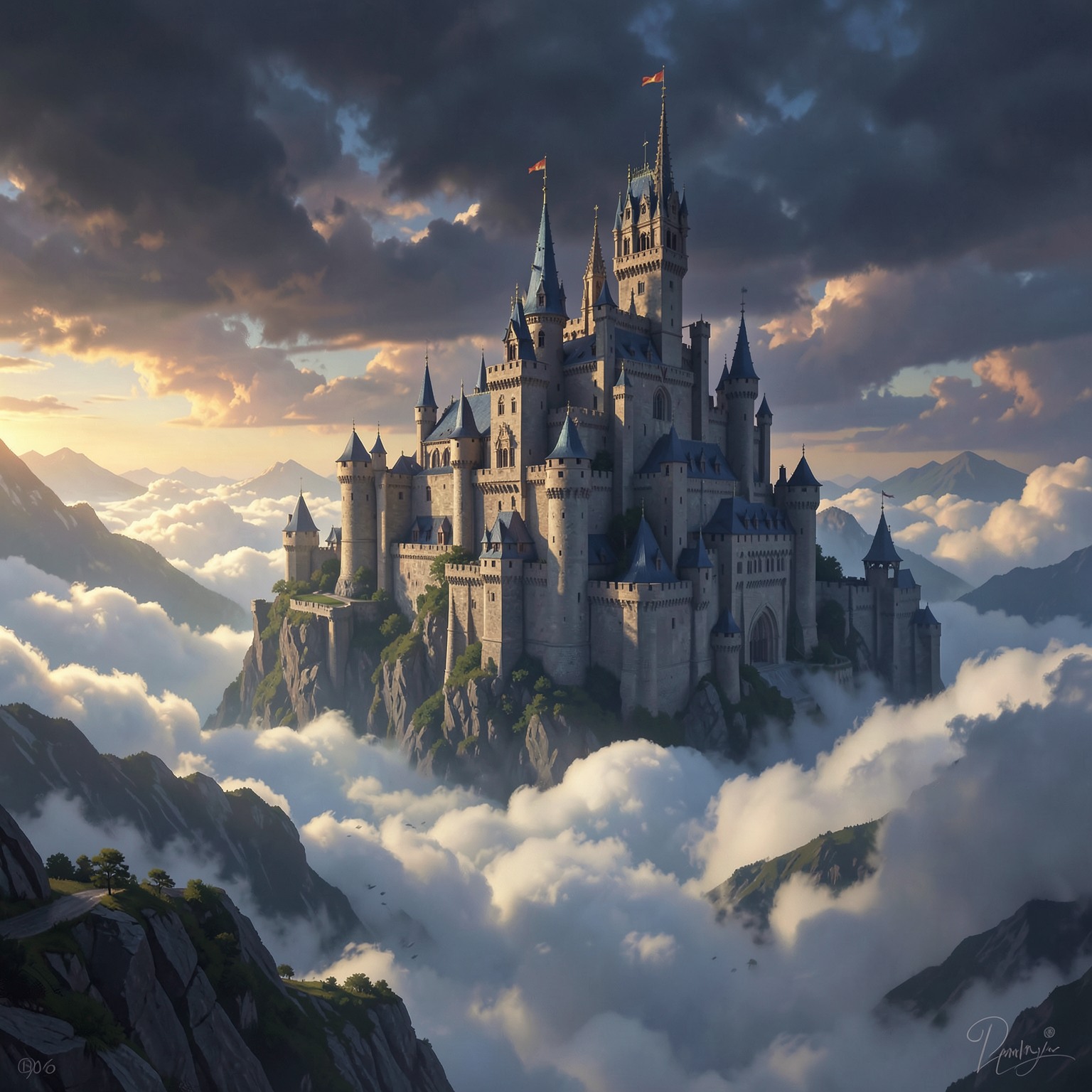 Epic medieval castle above the clouds, fantasy matte painting, dramatic sky