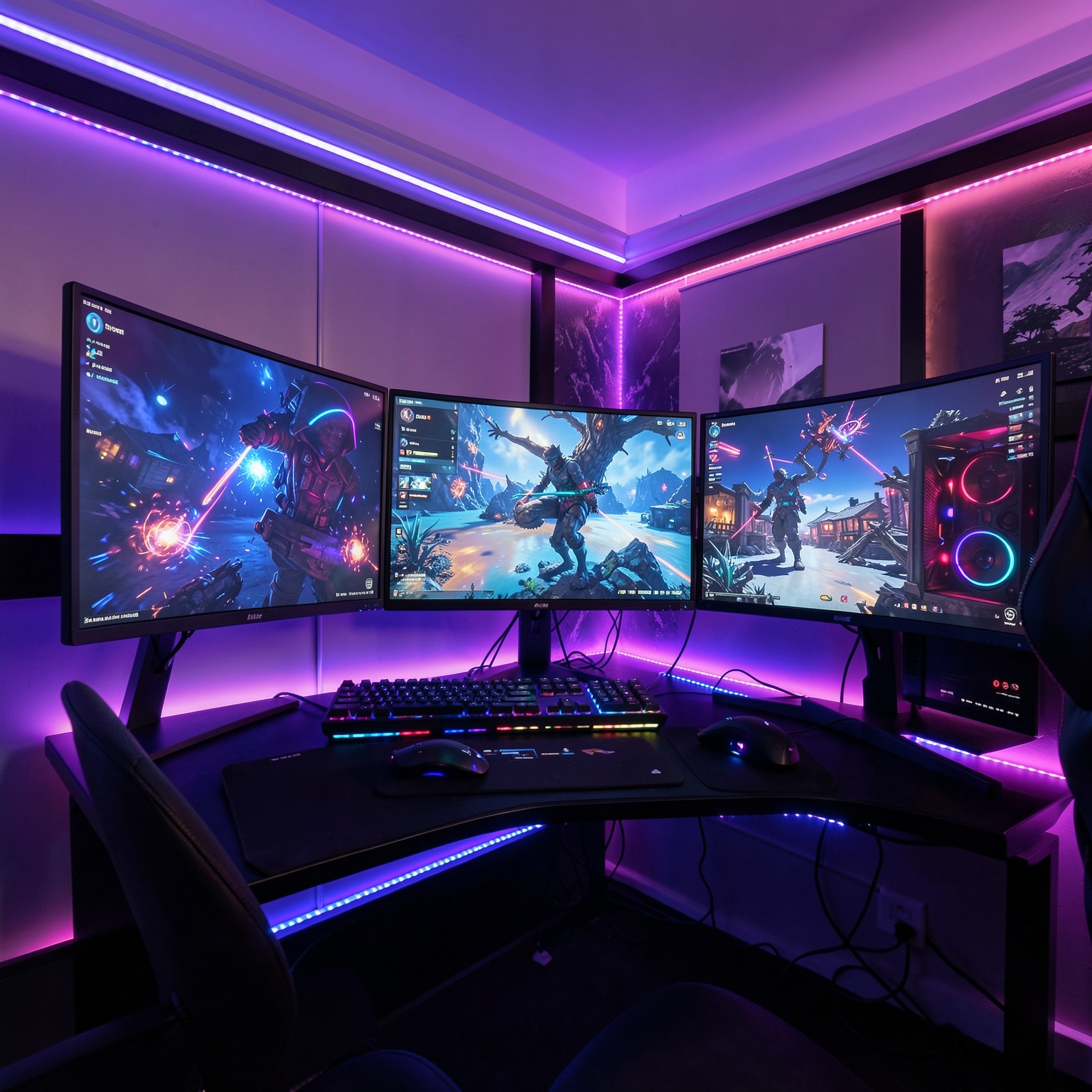 luxury gaming setup with triple monitors and RGB lighting