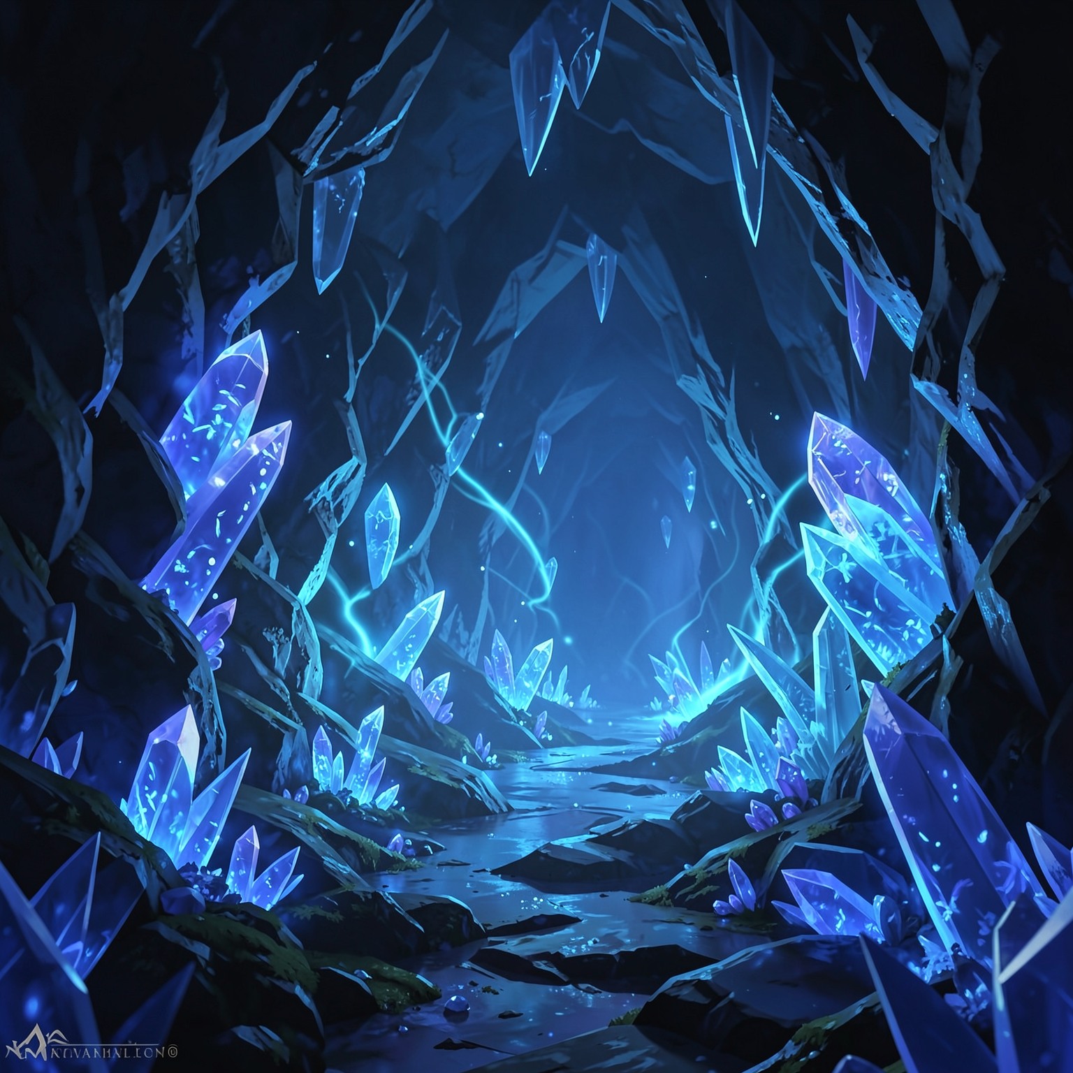 fantasy crystal cave glowing with blue energy