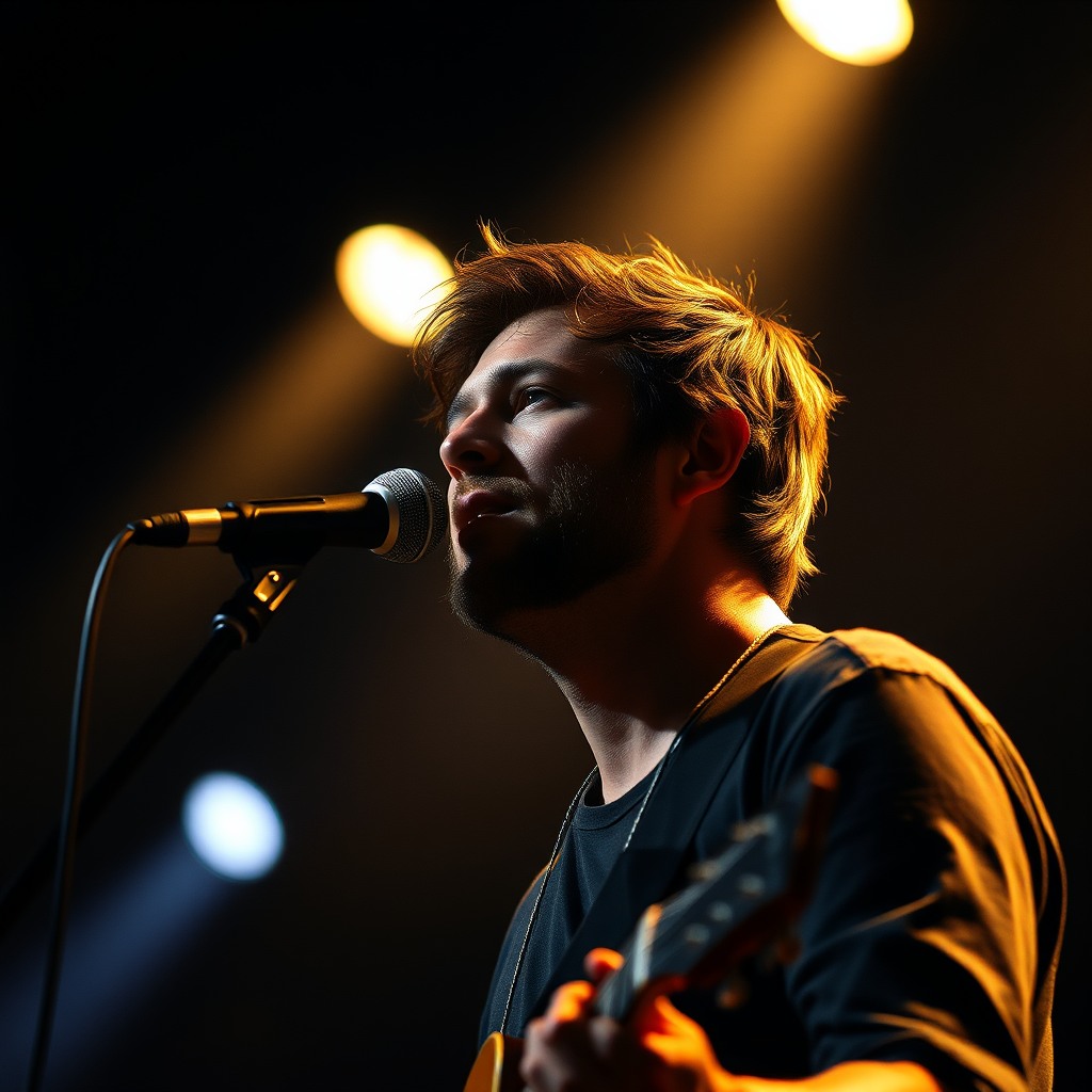 cinematic portrait of a musician on stage, dramatic spotlight, shallow depth of field