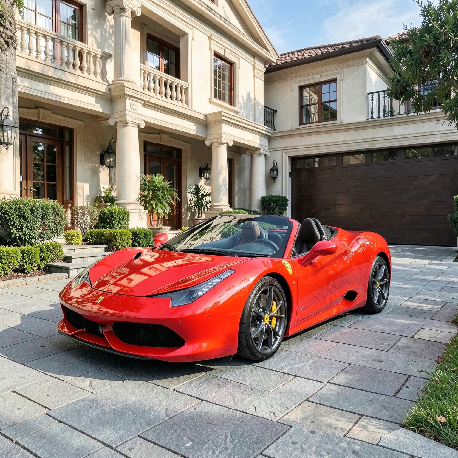 hyper realistic Ferrari parked in luxury mansion driveway