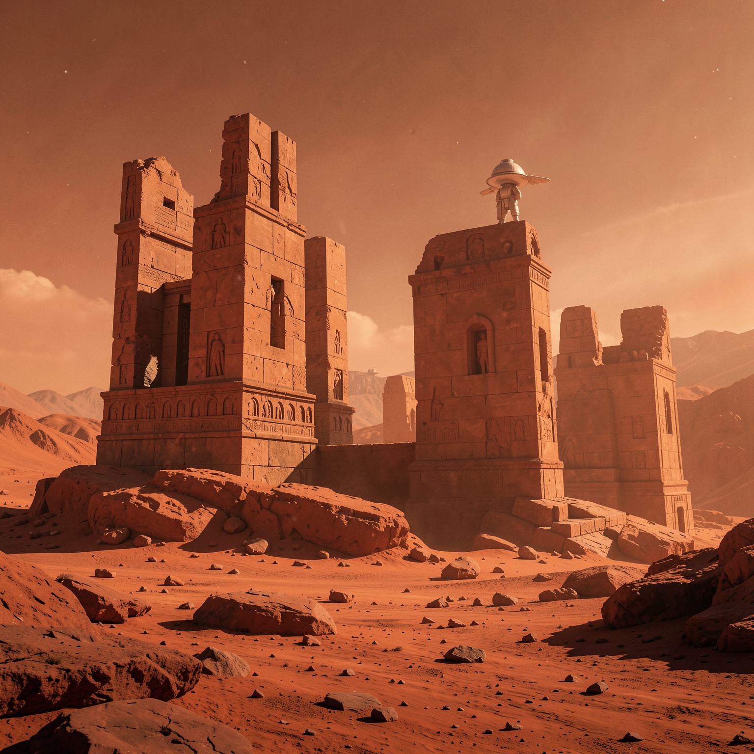 Ancient astronaut ruins on Mars, cinematic exploration scene
