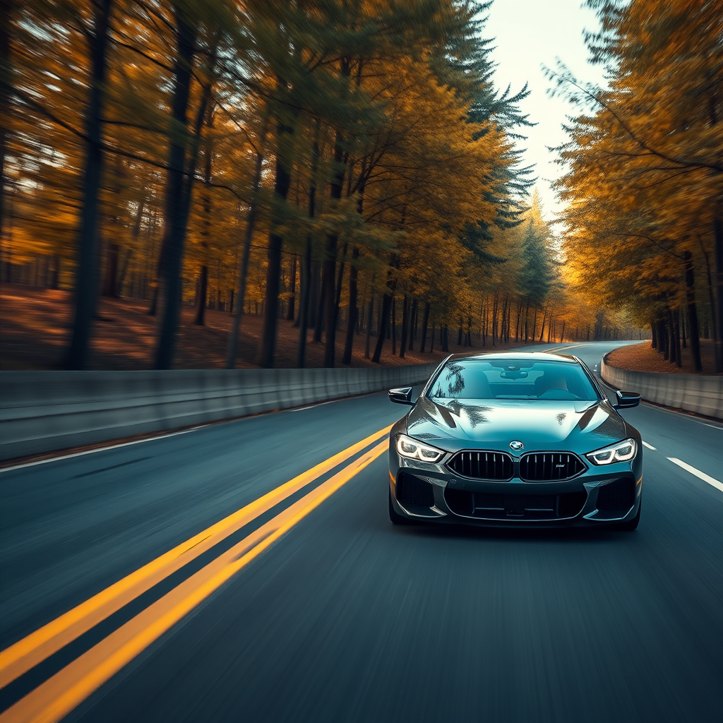 bmw car m8  on the road, photorealistic cinematic, wide angle, 24mm wide lens