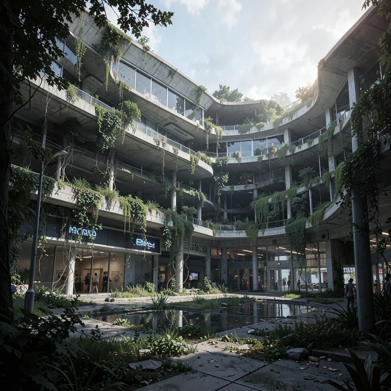 abandoned futuristic mall overtaken by nature