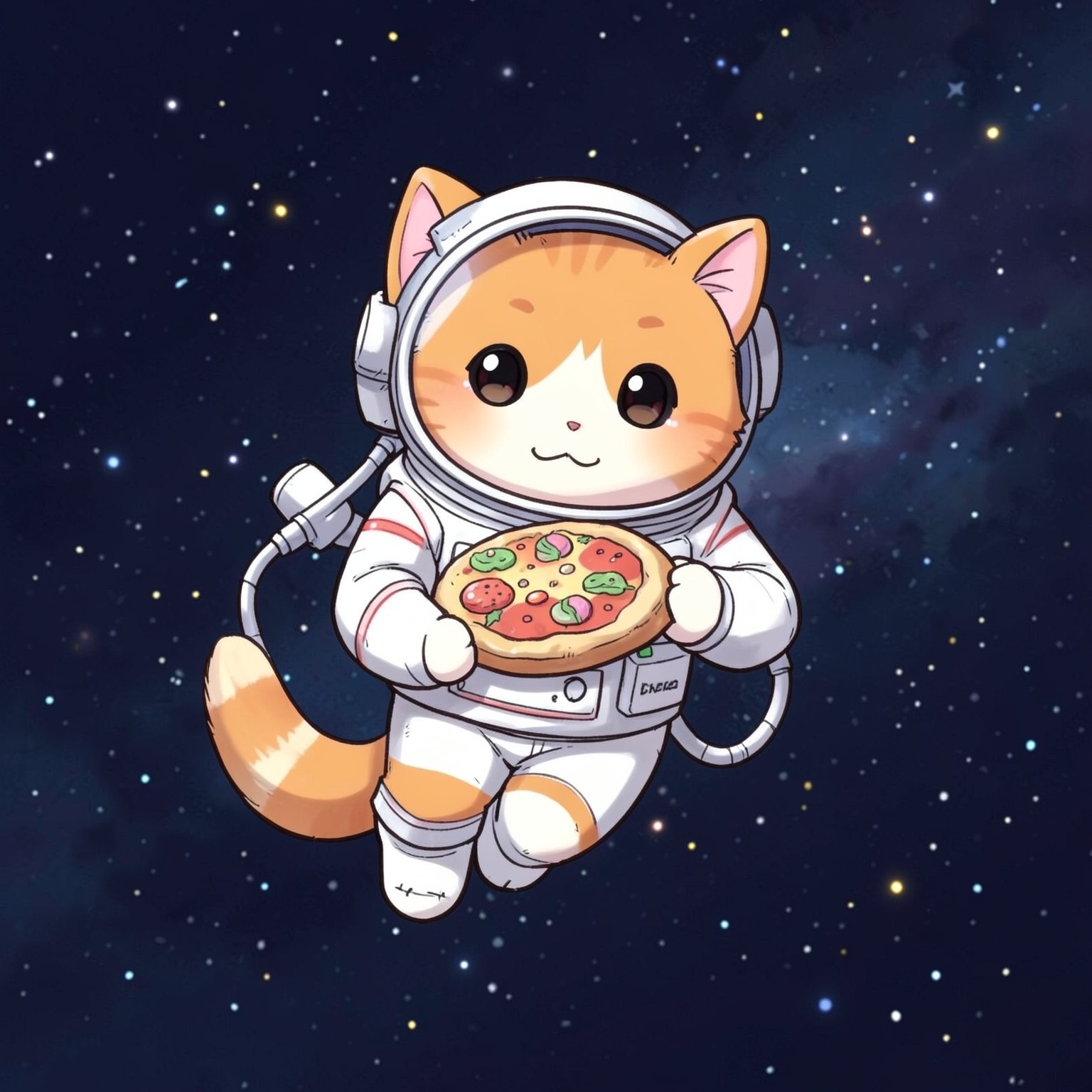 cute orange cat astronaut floating in space holding pizza