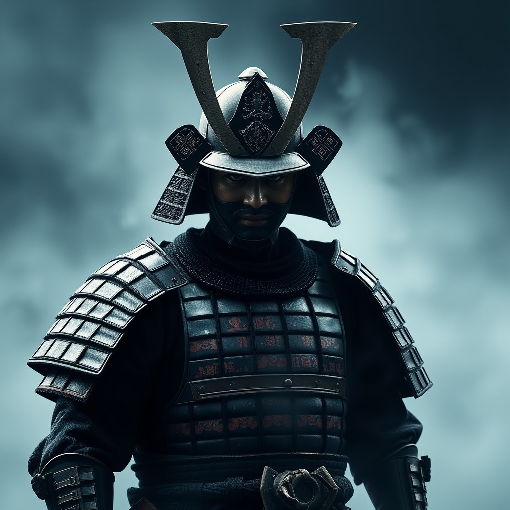 samurai warrior in traditional armor, foggy background, cinematic mood