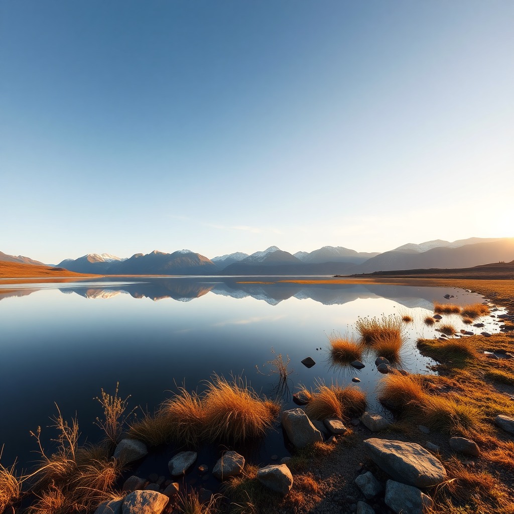 Photo-realistic editorial photography, realistic scene representing mountain lake reflection