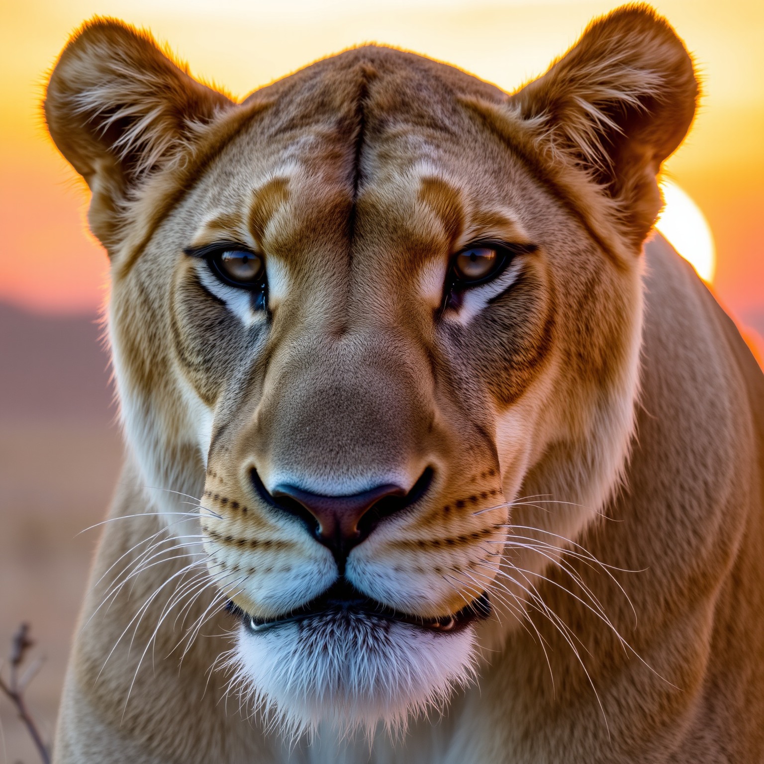 Close-up of a lion's face with intense gaze and warm sunset background.