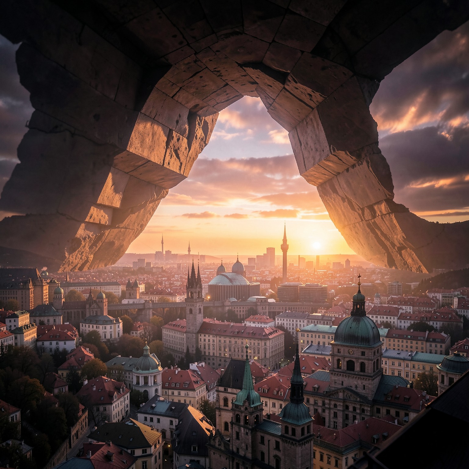 cinematic portal opening above Zagreb skyline at sunset