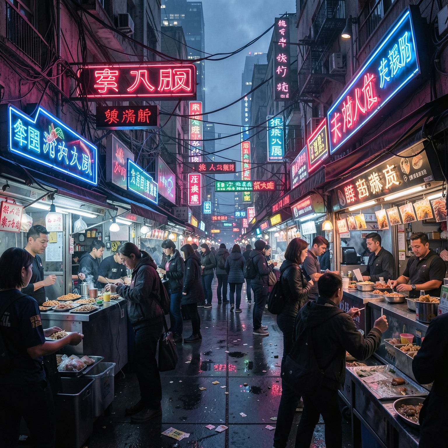 cyberpunk street food market full of neon signs