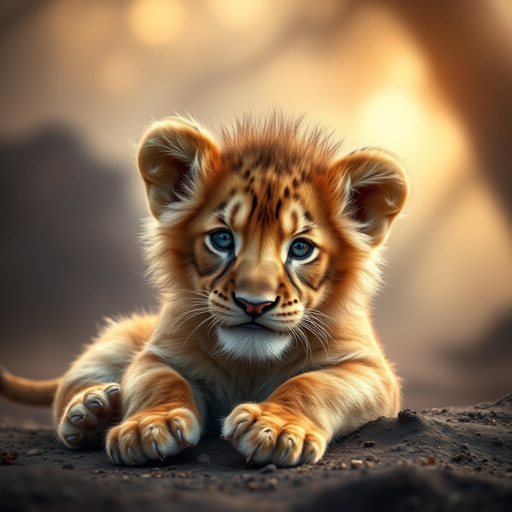 cute lion cub, dreamy atmosphere, ultra detailed fur