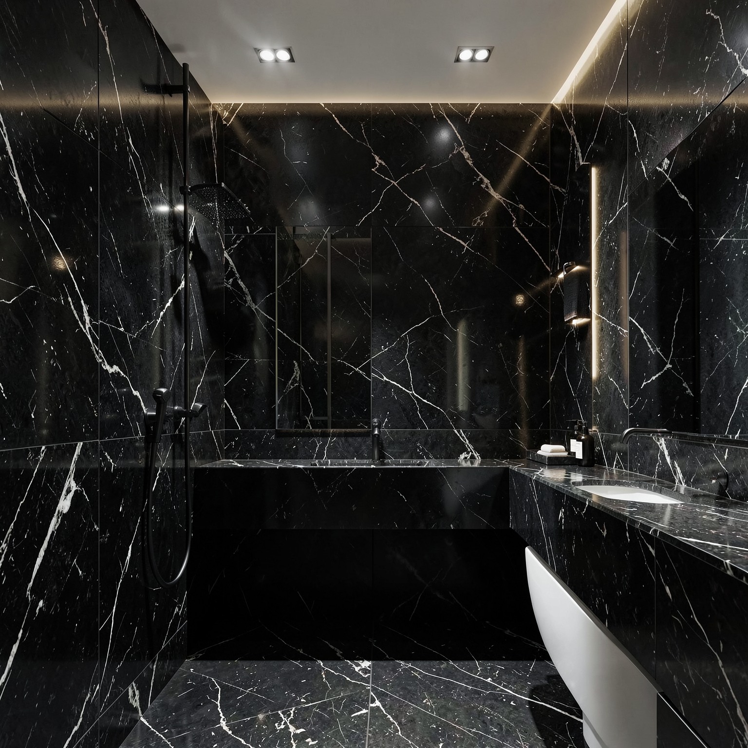 luxury black marble bathroom interior with ambient lighting