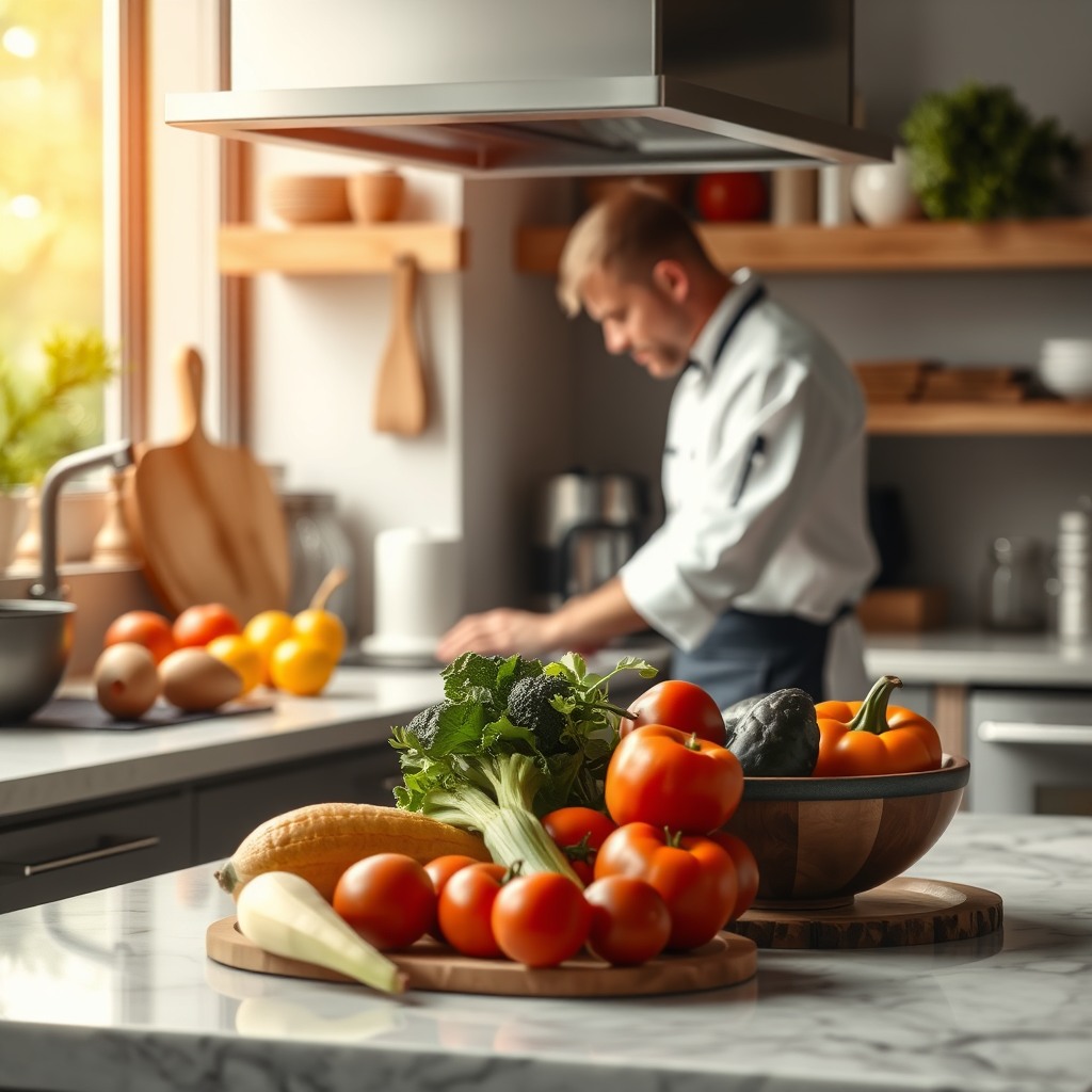 chef kitchen counter with fresh produce, cinematic depth