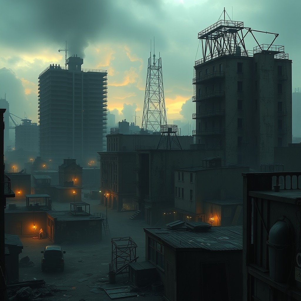 post-apocalyptic cityscape, abandoned buildings, moody lighting