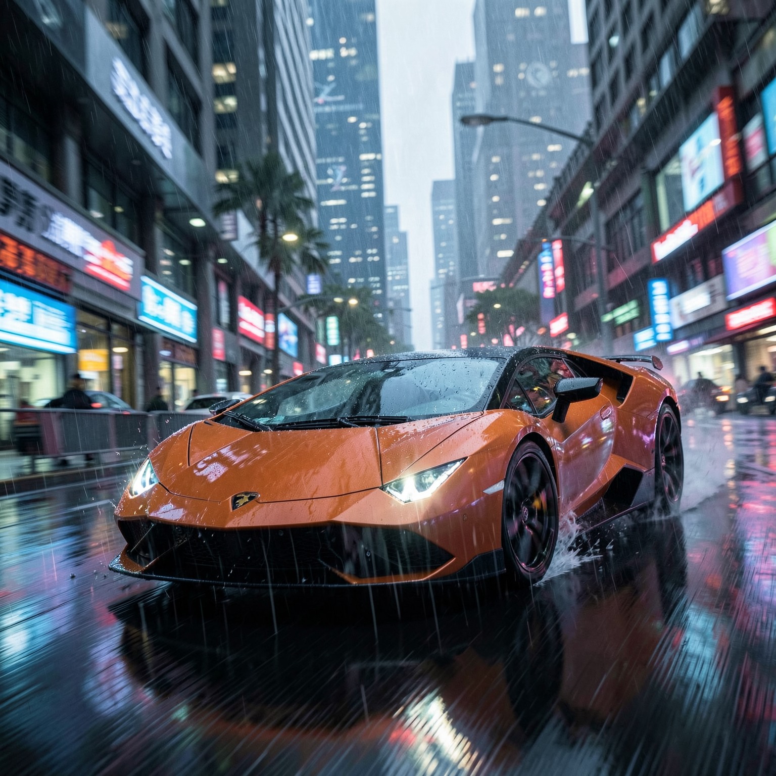 futuristic Lamborghini driving through cyberpunk city, motion blur, rain