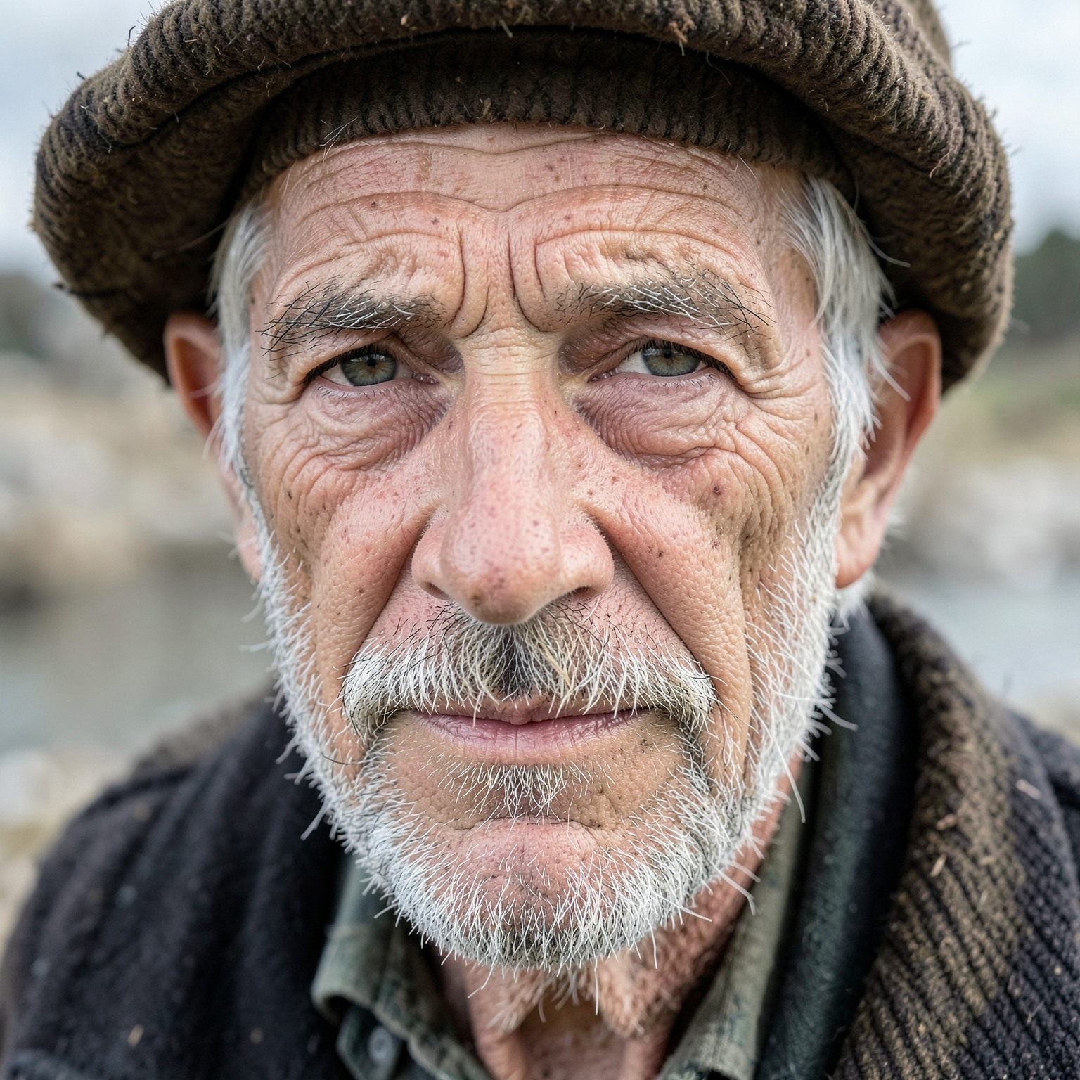 realistic close-up portrait of old fisherman with weathered skin
