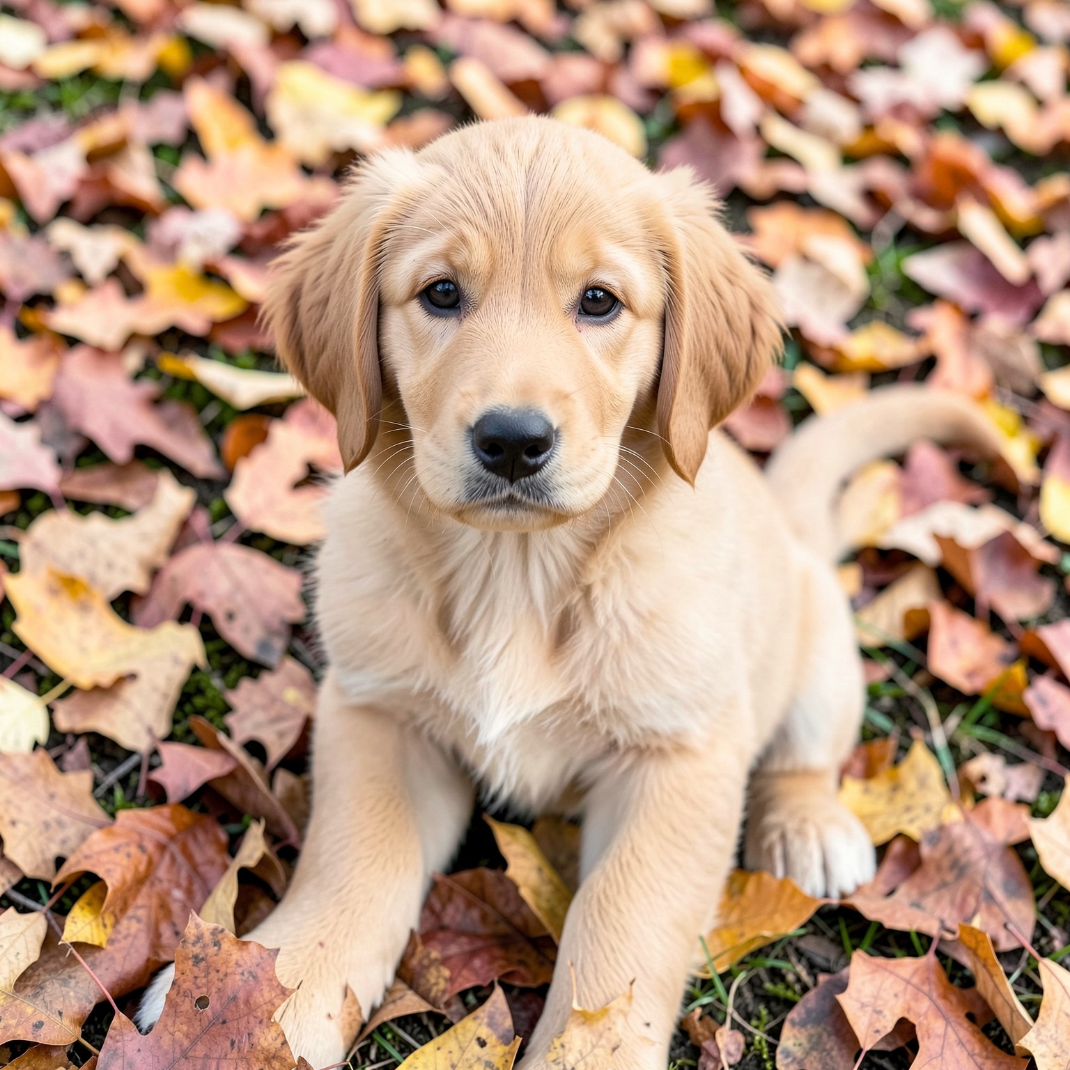 realistic golden retriever puppy in autumn leaves