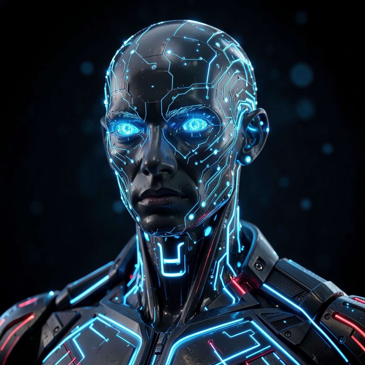 futuristic AI humanoid portrait with glowing circuits