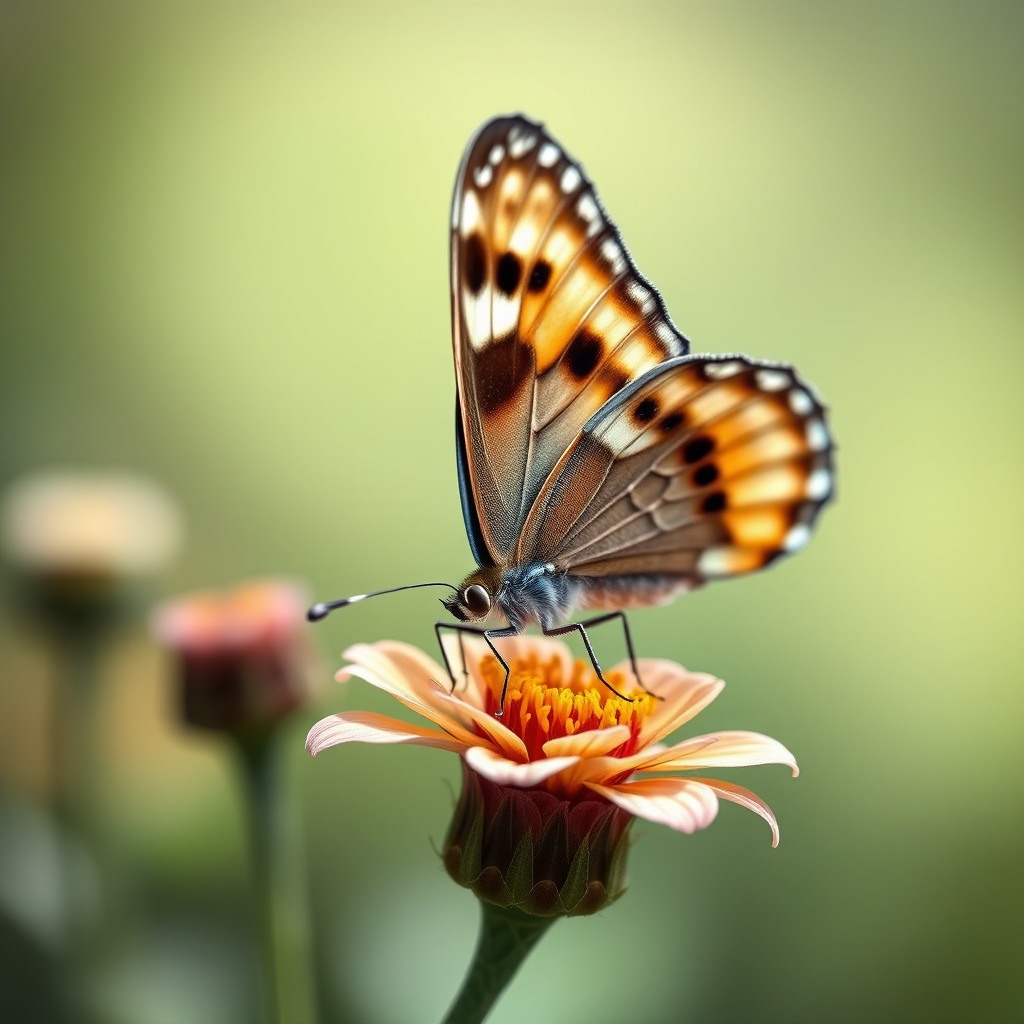 ultra realistic macro shot of a butterfly on a flower, extreme detail, natural colors, soft background