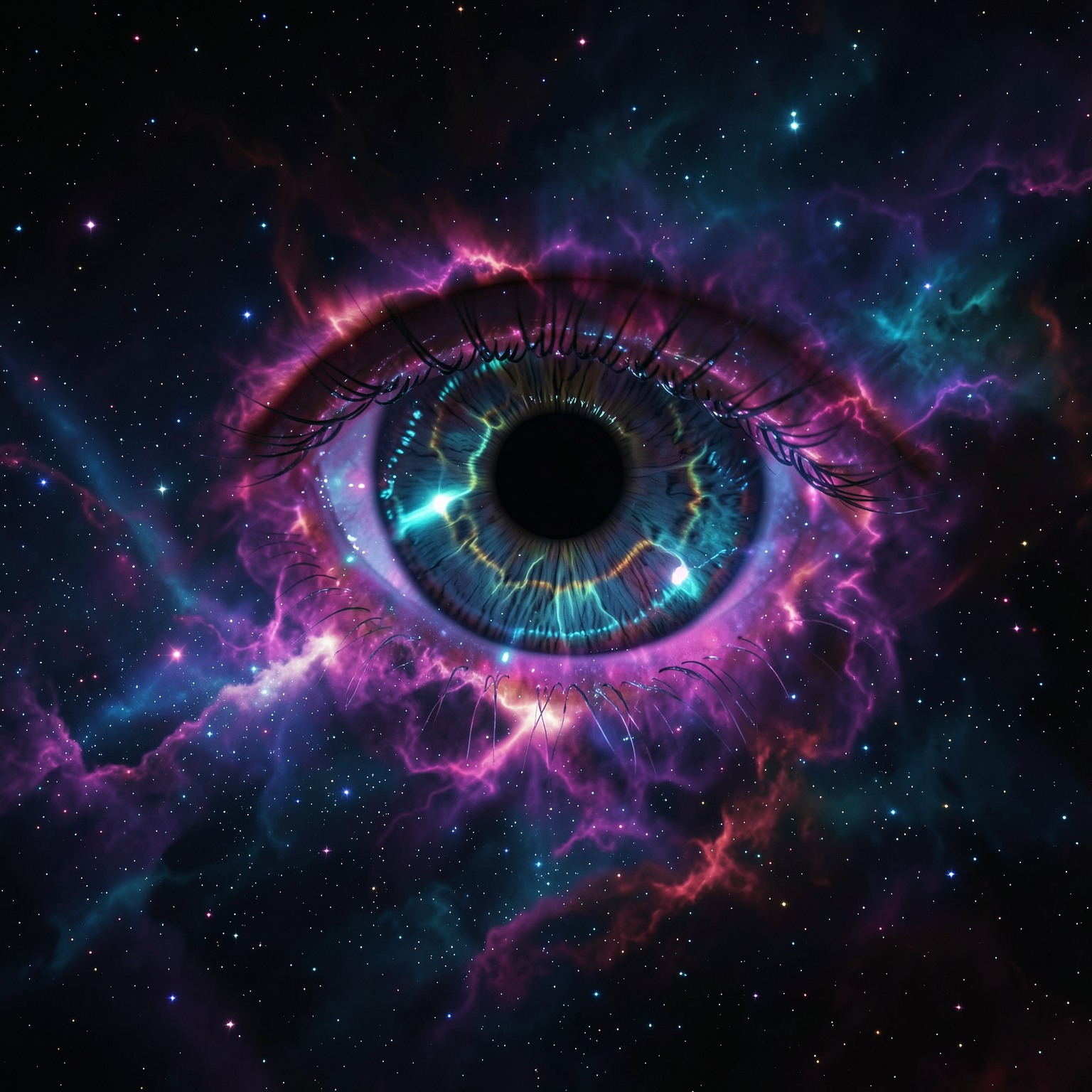 Giant cosmic eye appearing in deep space nebula, surreal sci-fi art, 3d render octane, neon glow
