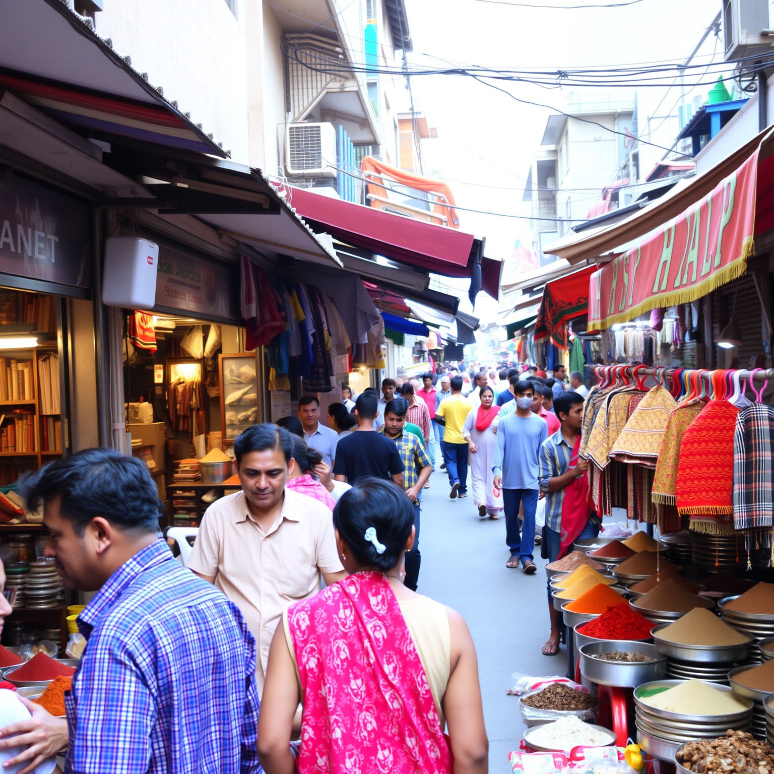 A bustling market scene with colorful spices, fabrics, and people interacting.