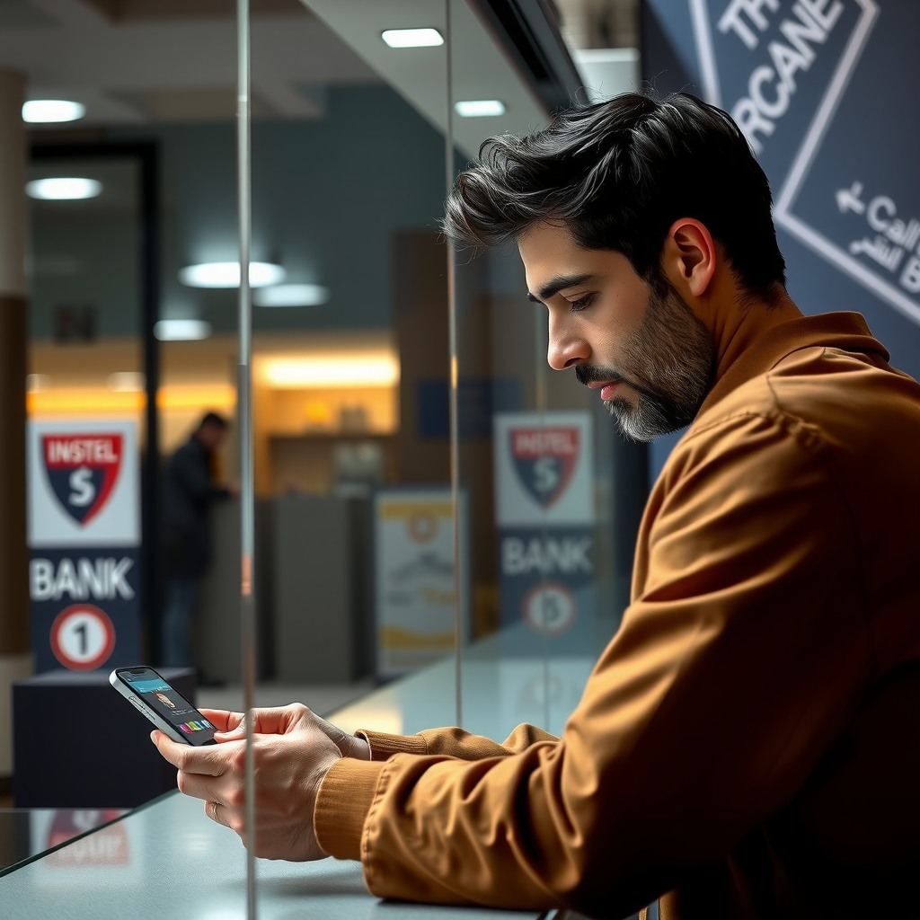 Photo-realistic editorial photography, realistic scene representing a man checking bank app on phone